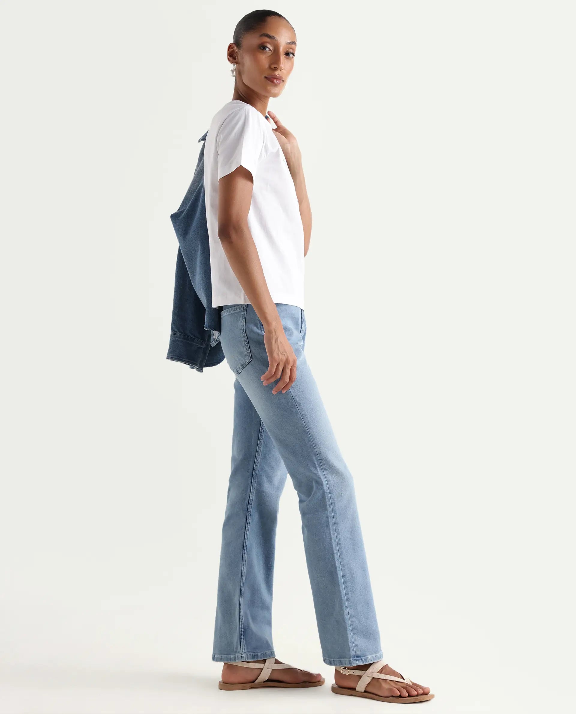 Rareism Women's Hadley Pastel Blue Cotton Blend Plain Ankle Length Bootcut Jeans
