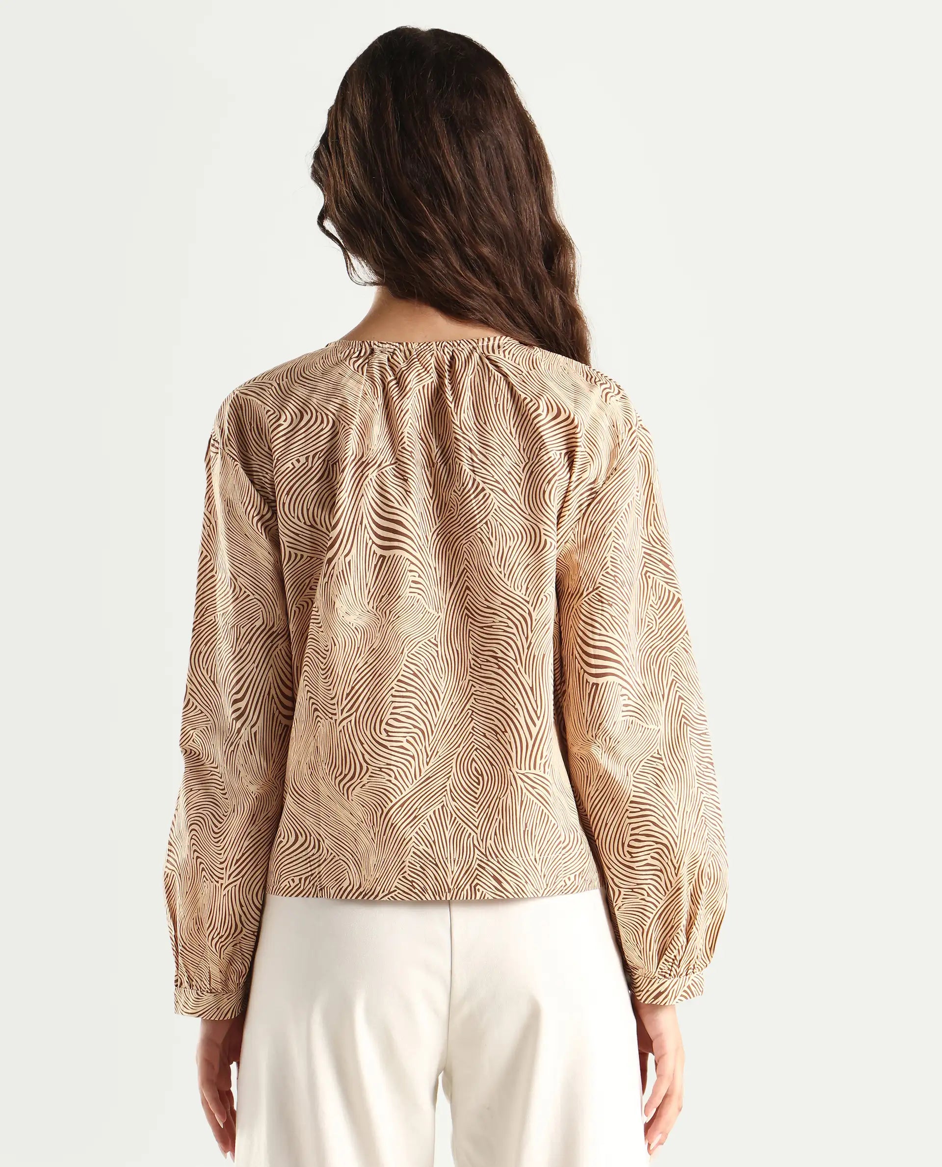 Rareism Women's Jaylone Sc Beige Cotton Crew Neck Geometric Print Cuffed Sleeve Regular Fit Top