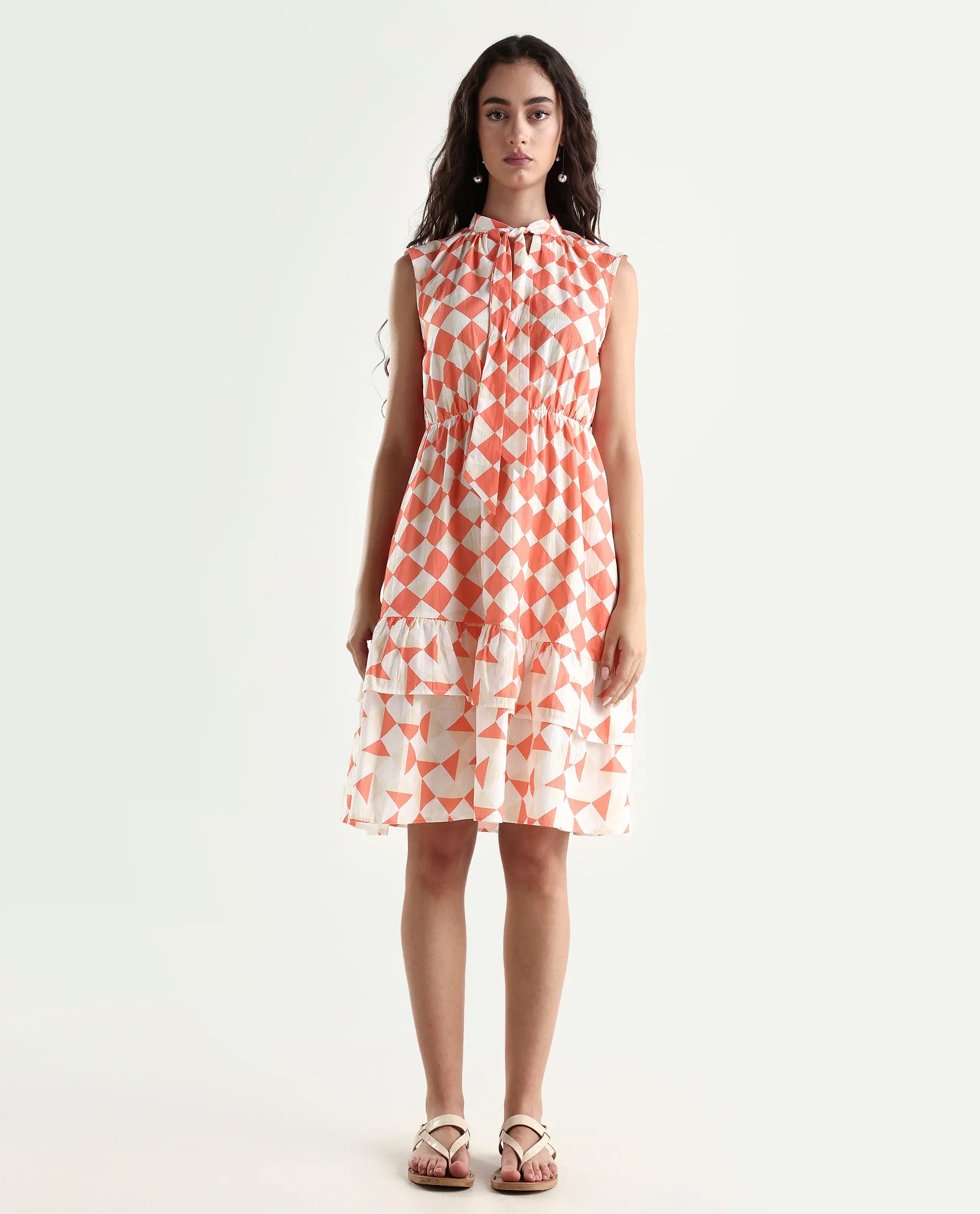 Rareism Women's Juite Sc Multi Satin Tie-Up Neck Geometric Print Sleeveless Knee Length Fit And Flare Dress