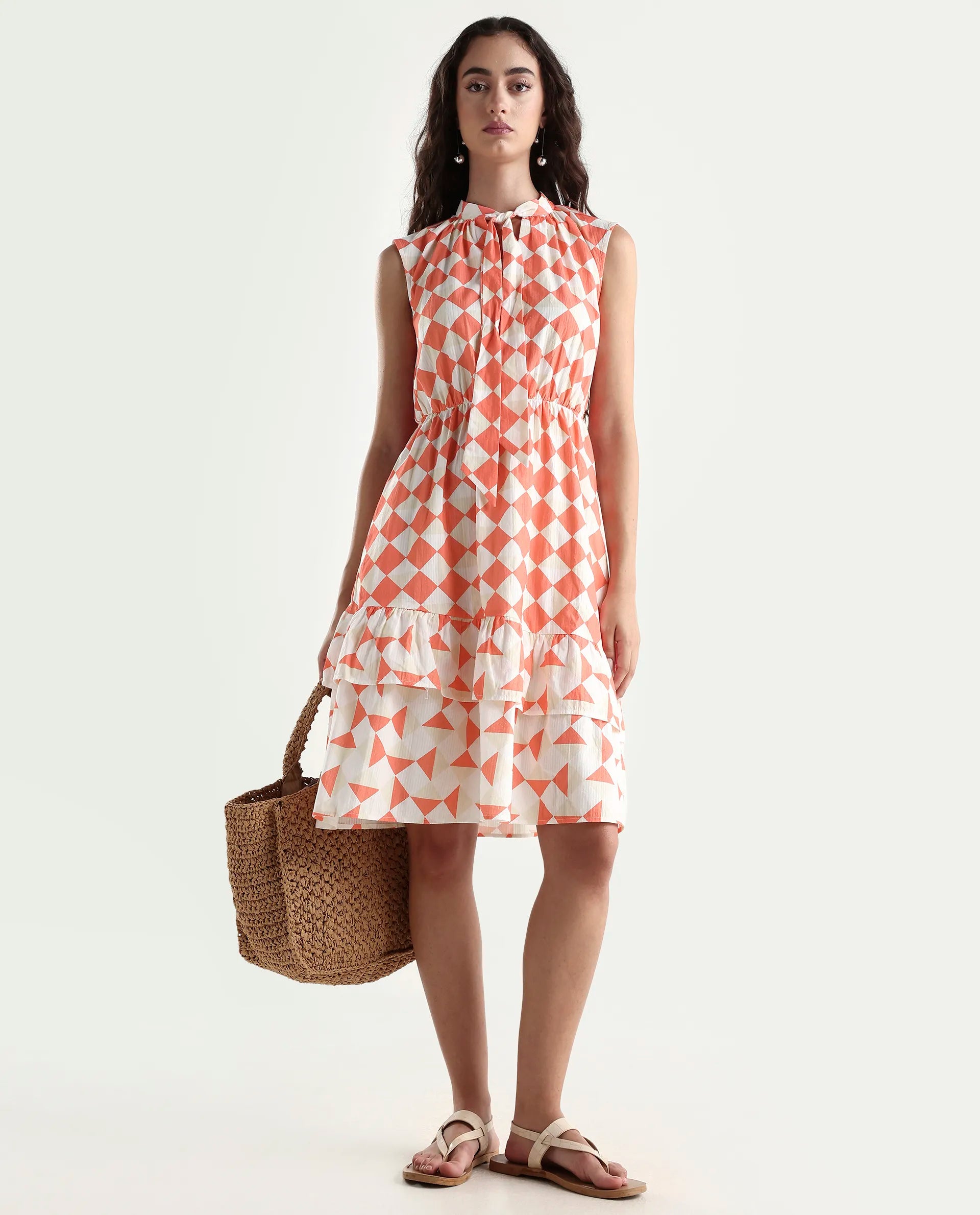 Rareism Women's Juite Sc Multi Satin Tie-Up Neck Geometric Print Sleeveless Knee Length Fit And Flare Dress