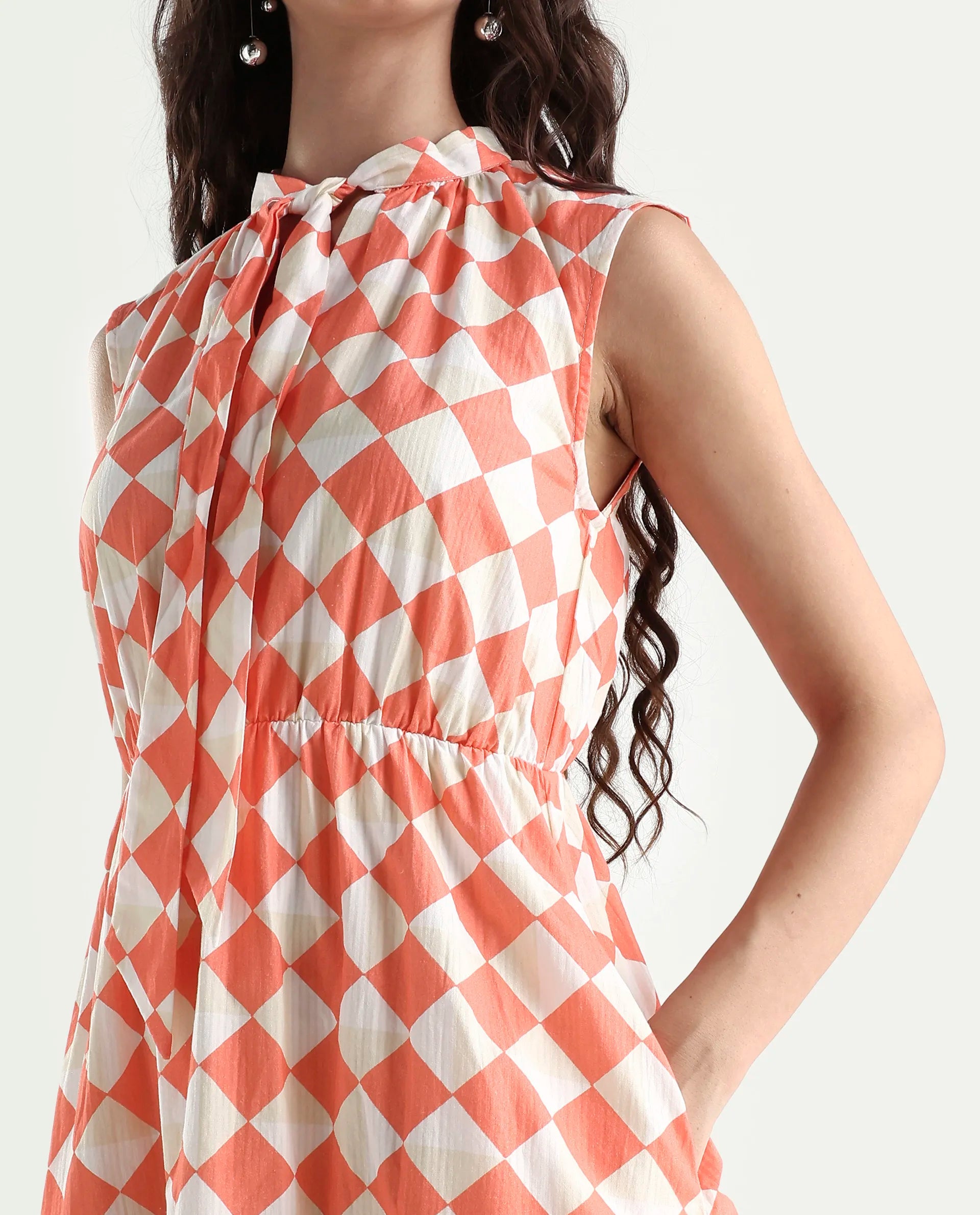 Rareism Women's Juite Sc Multi Satin Tie-Up Neck Geometric Print Sleeveless Knee Length Fit And Flare Dress