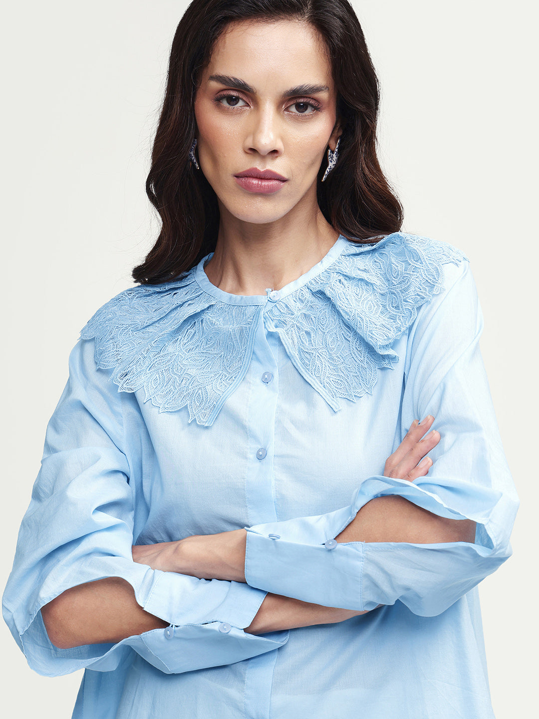 Rareism Women's Burrido Light Blue Cotton Drop Collar Plain Cuffed Sleeve Regular Fit Shirt