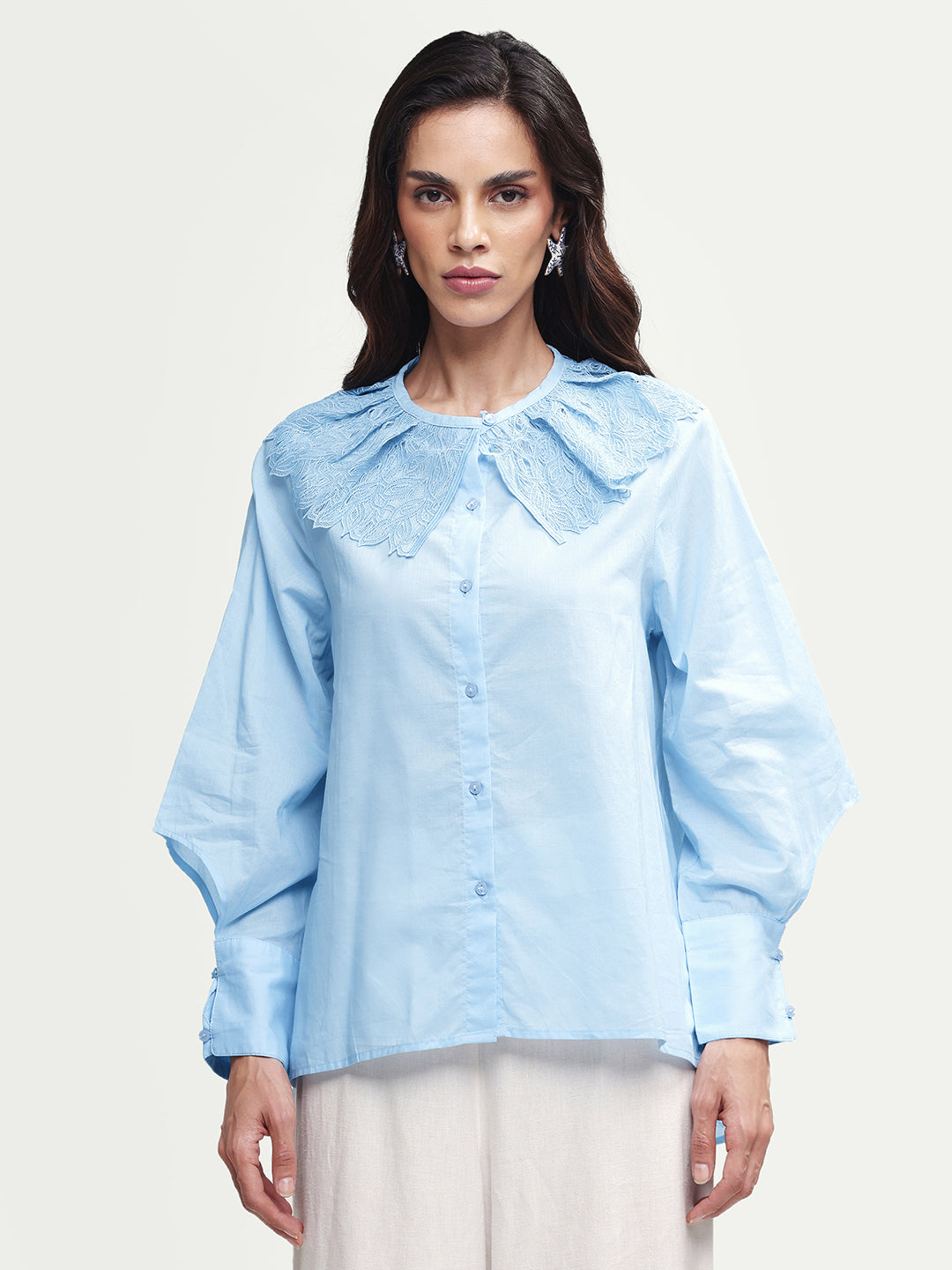 Rareism Women's Burrido Light Blue Cotton Drop Collar Plain Cuffed Sleeve Regular Fit Shirt