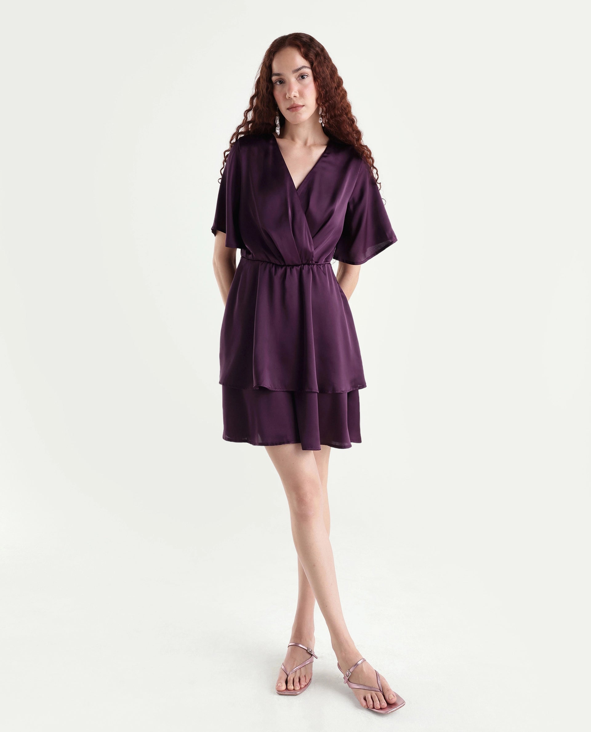 Rareism Women's Creola Dark Purple Polyester Overlap Neck Plain Mini Fit And Flare Dress