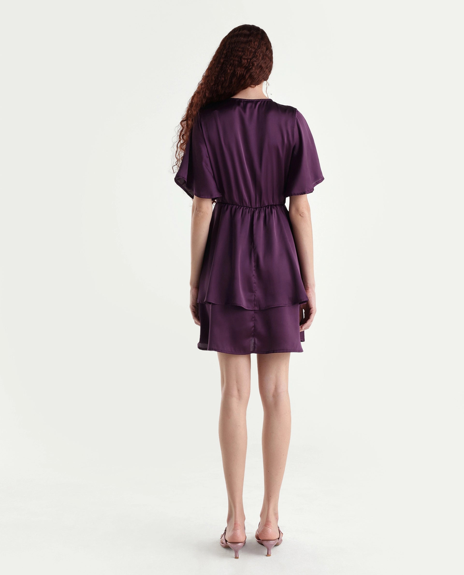 Rareism Women's Creola Dark Purple Polyester Overlap Neck Plain Mini Fit And Flare Dress