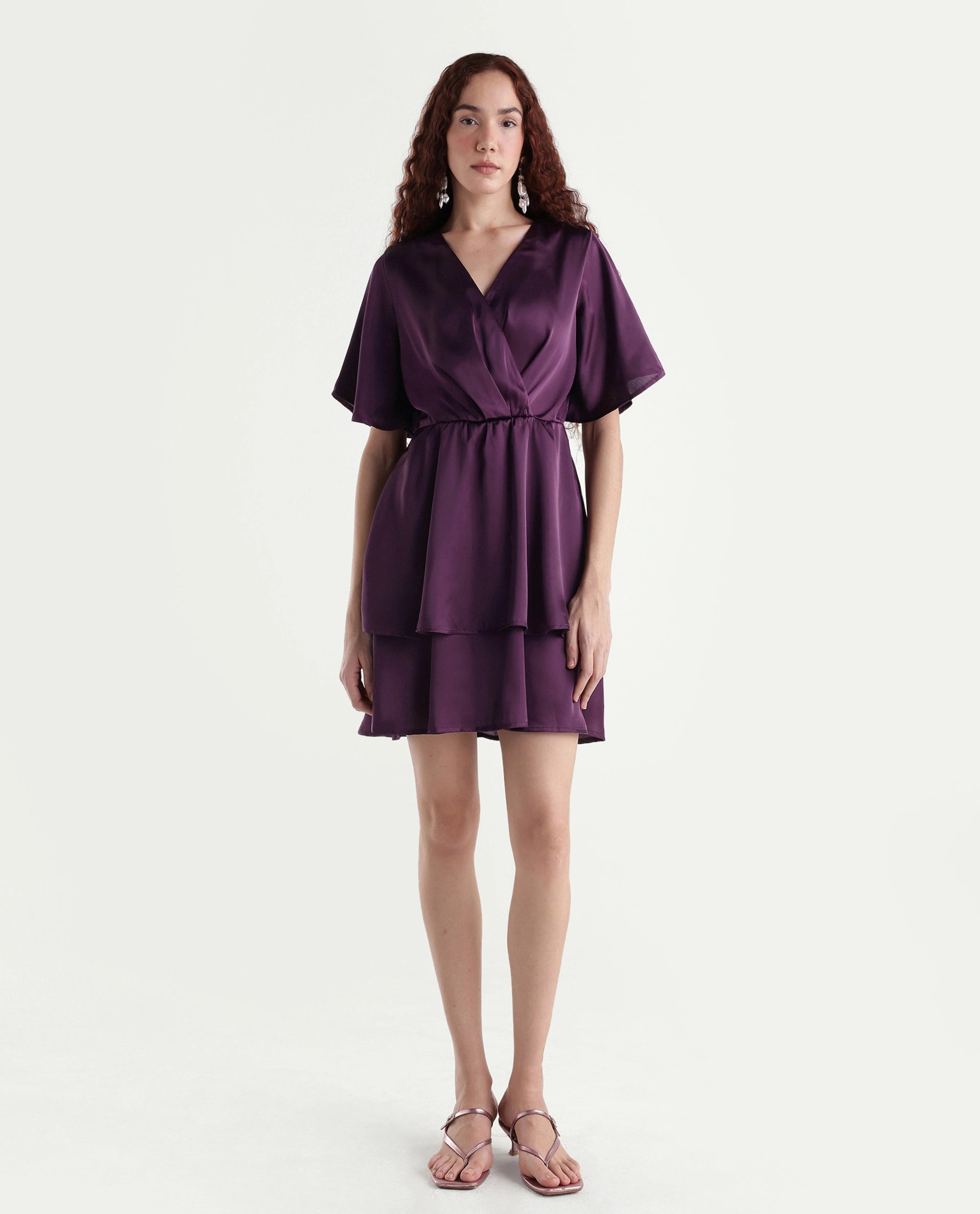 Rareism Women's Creola Dark Purple Polyester Overlap Neck Plain Mini Fit And Flare Dress