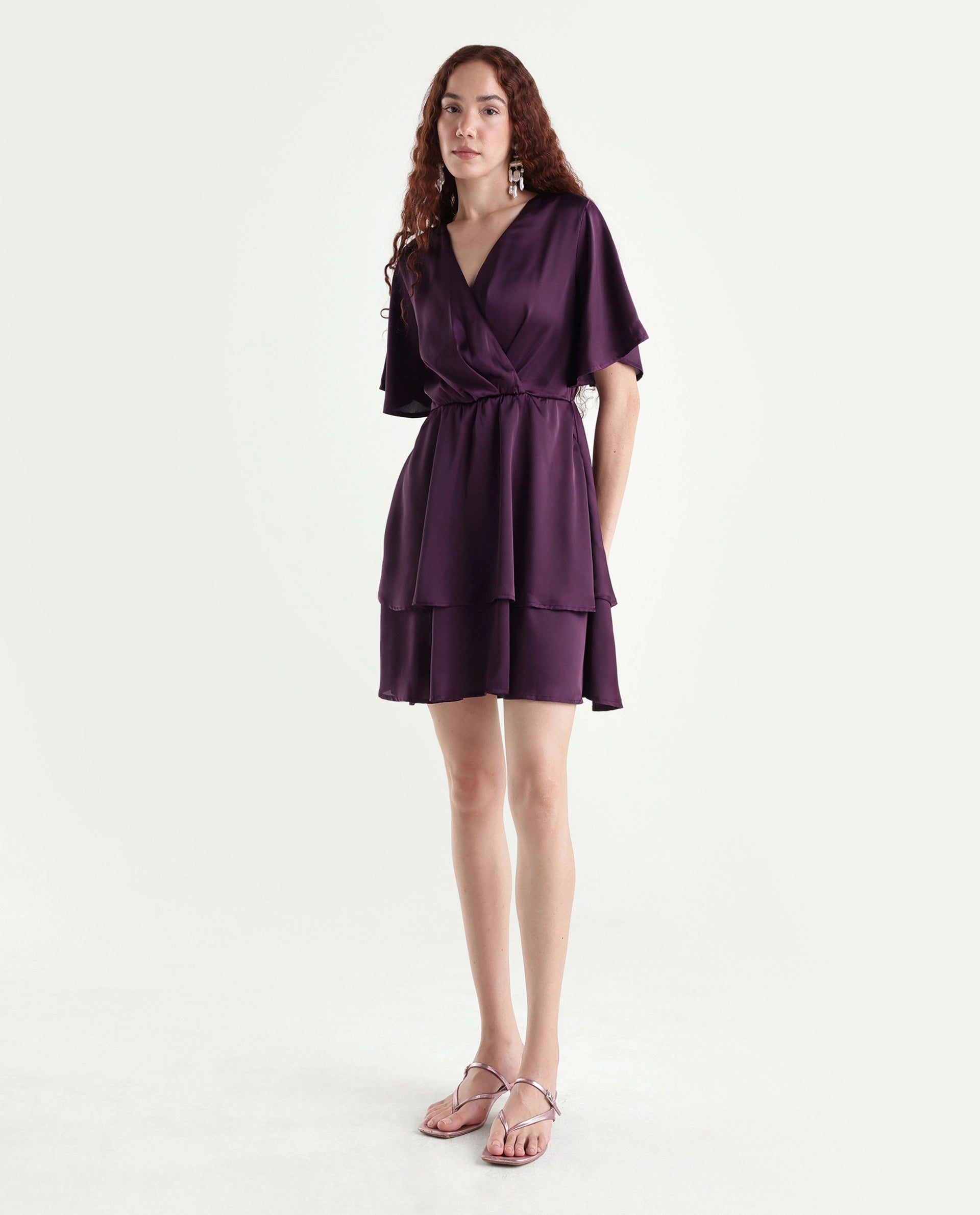 Rareism Women's Creola Dark Purple Polyester Overlap Neck Plain Mini Fit And Flare Dress