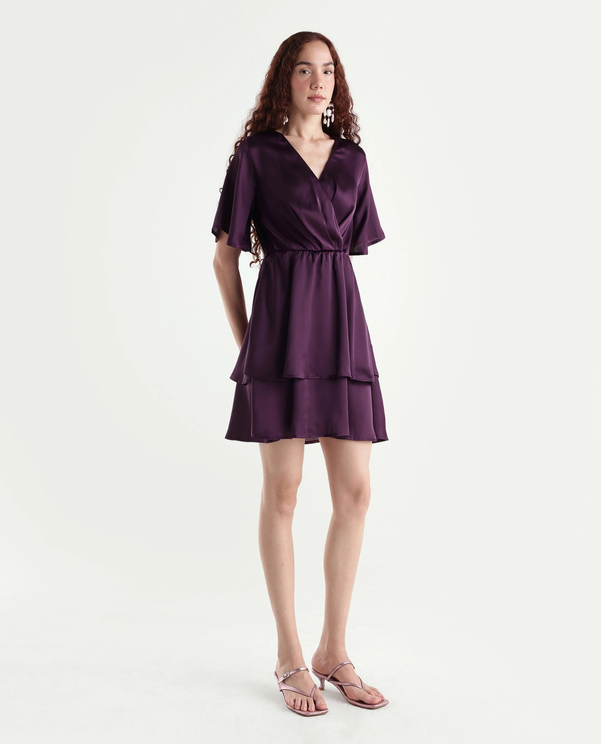 Rareism Women's Creola Dark Purple Polyester Overlap Neck Plain Mini Fit And Flare Dress