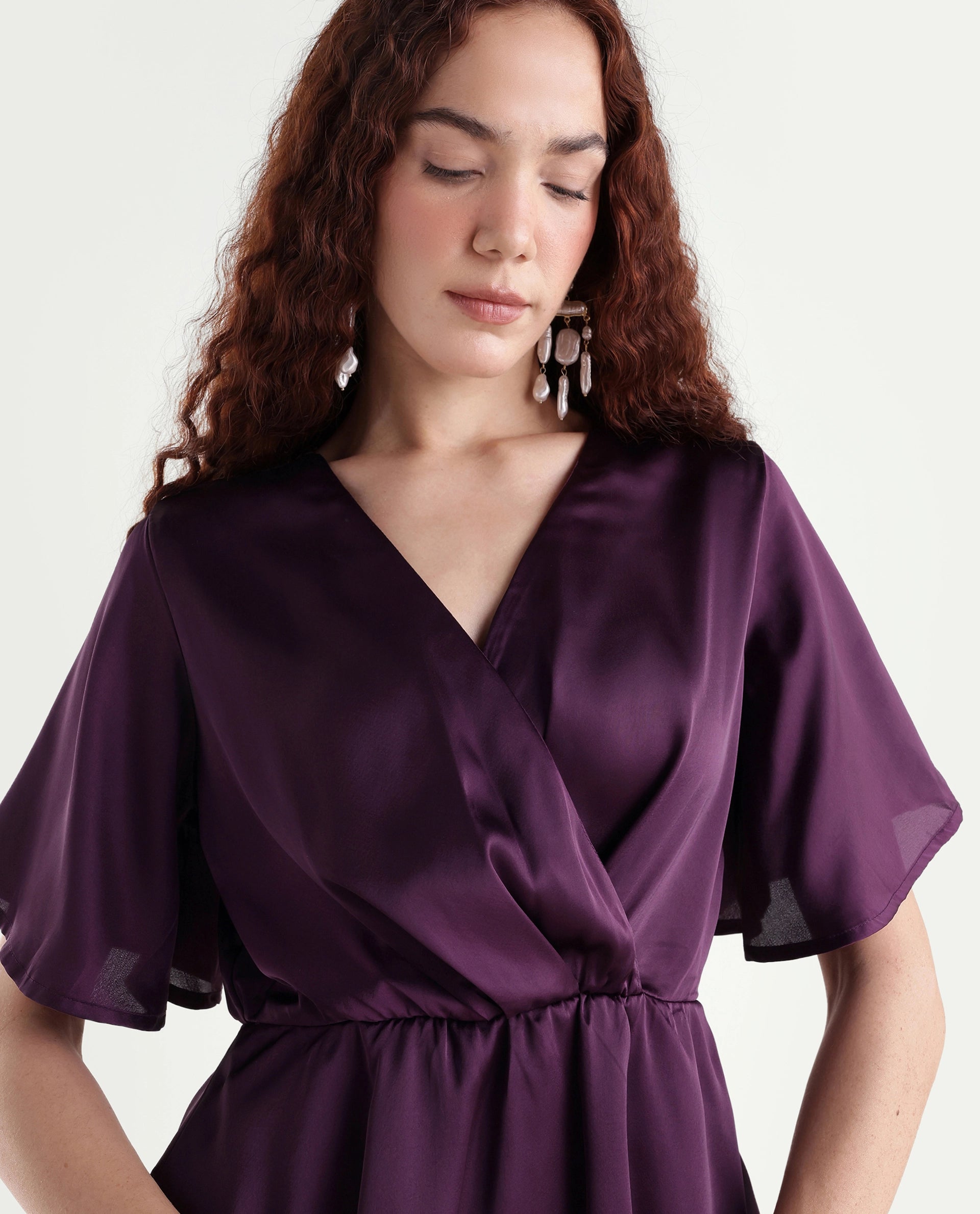 Rareism Women's Creola Dark Purple Polyester Overlap Neck Plain Mini Fit And Flare Dress