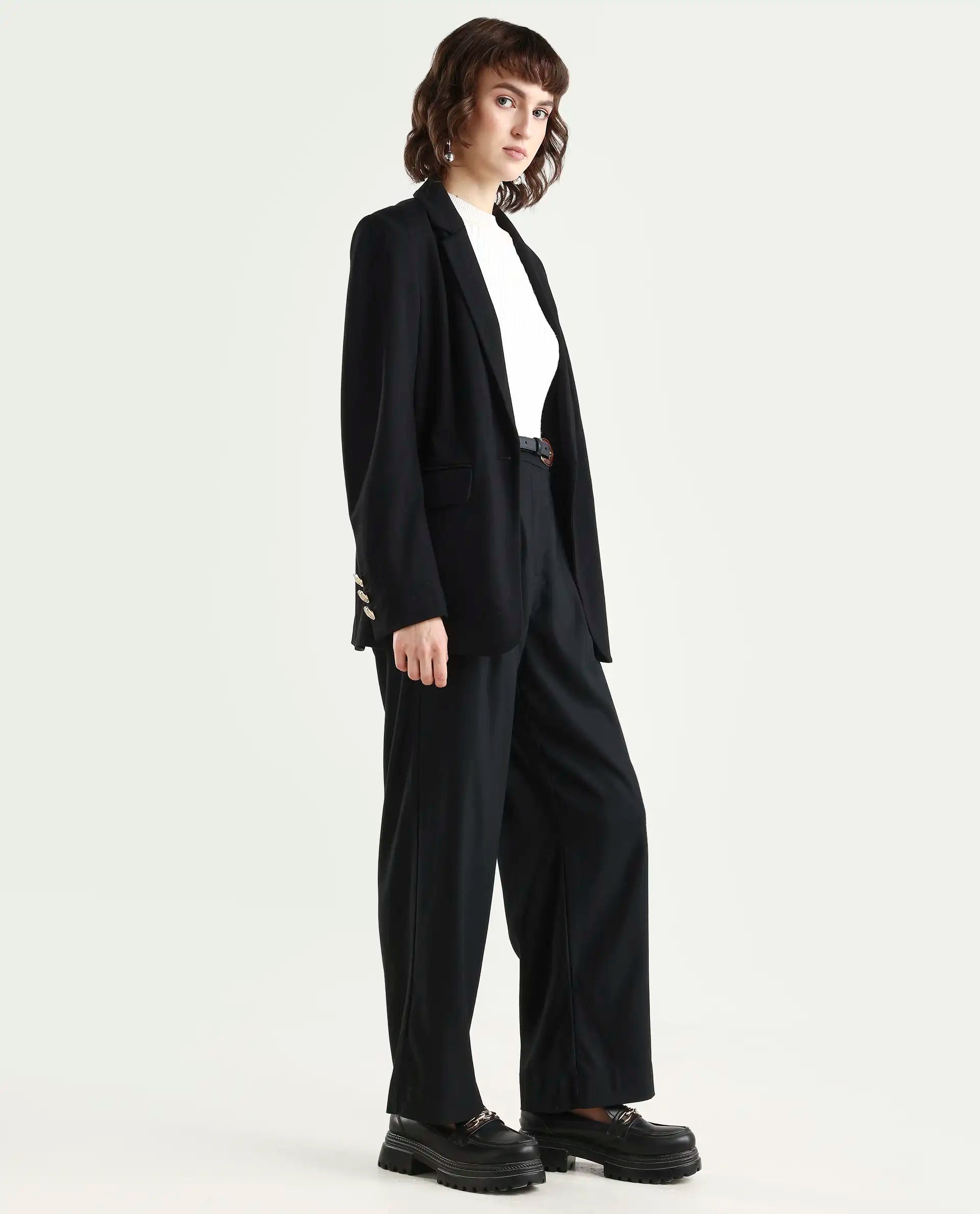 Rareism Women's Nuray Black Cotton Blend Plain Ankle Length Straight Fit Trouser