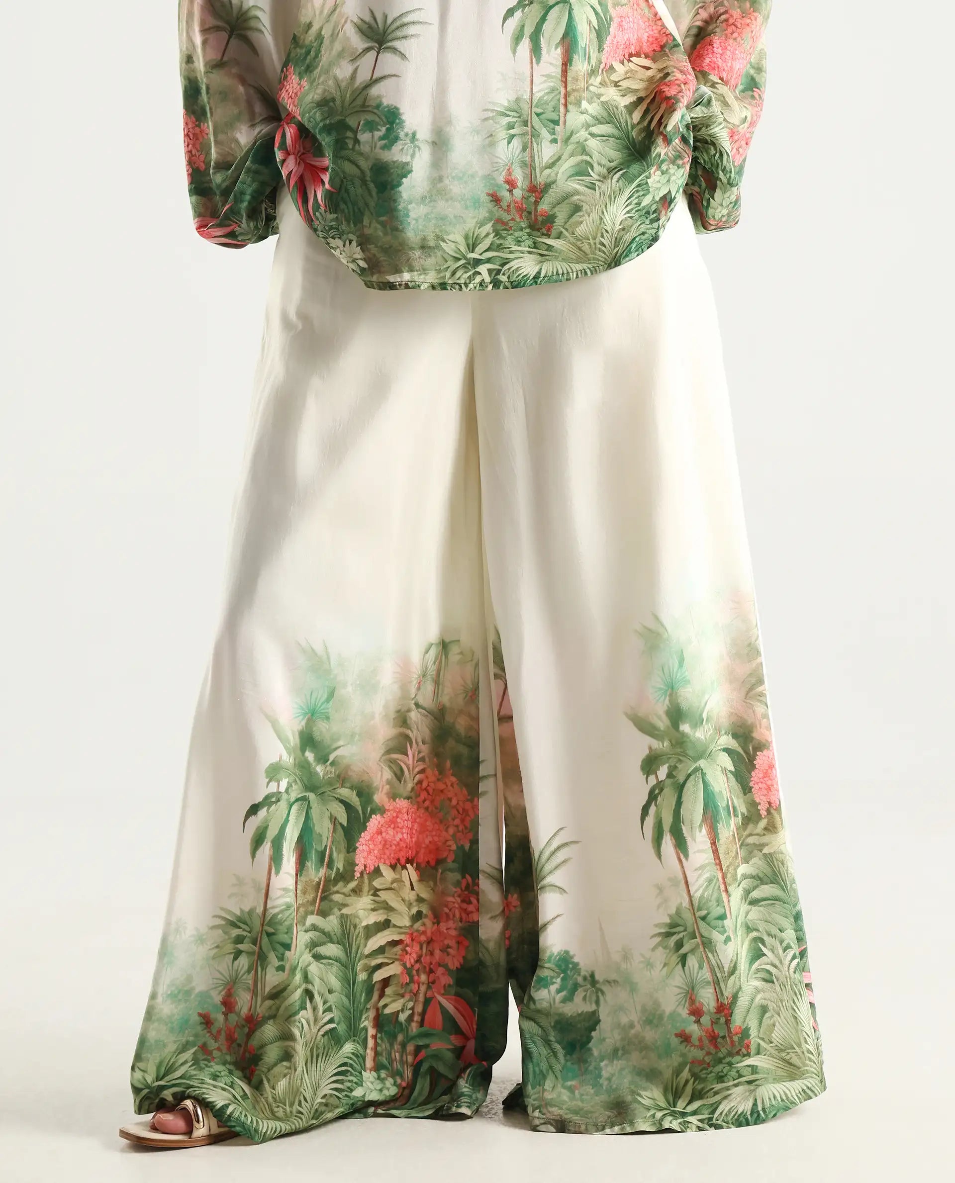 Rareism Women's Rontro B Green Cotton Blend Tropical Print Flared Trouser