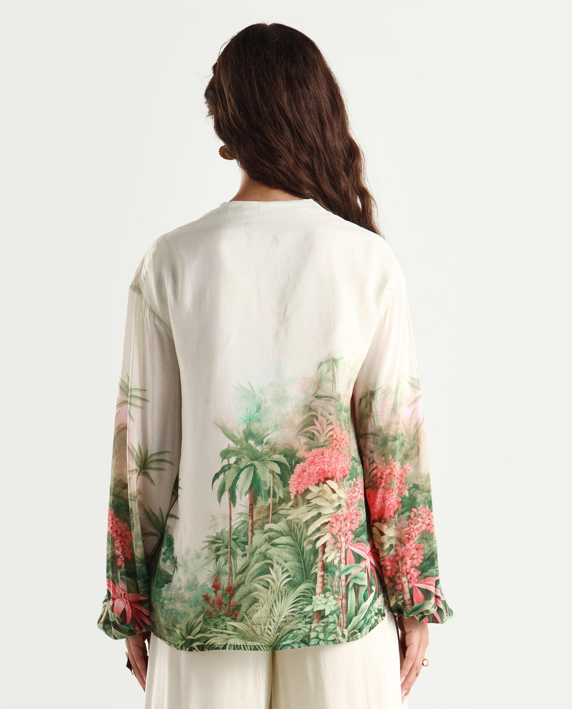 Rareism Women's Rontro T Green Cotton Blend V-Neck Tropical Print Bishop Sleeve Regular Fit Top