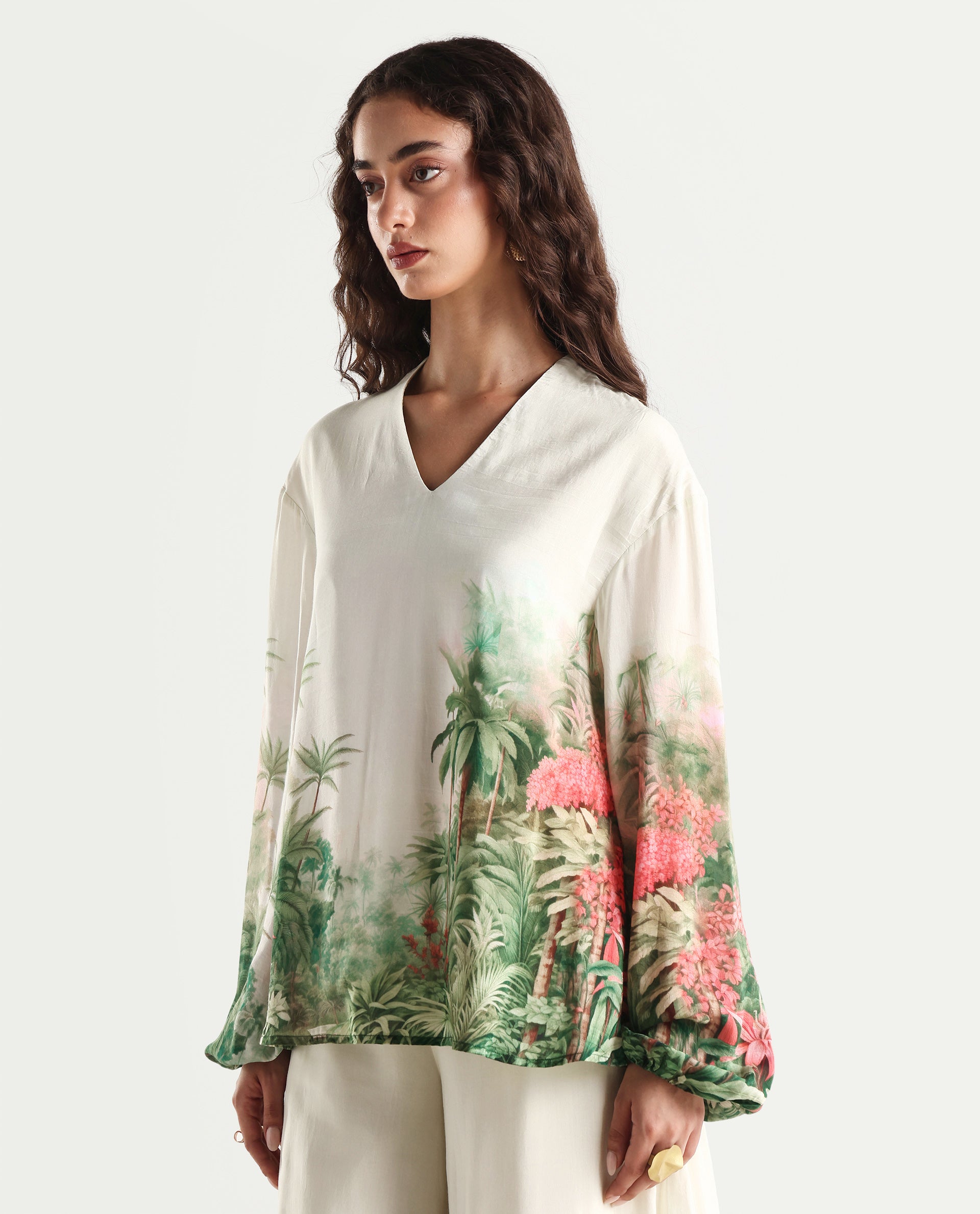 Rareism Women's Rontro T Green Cotton Blend V-Neck Tropical Print Bishop Sleeve Regular Fit Top
