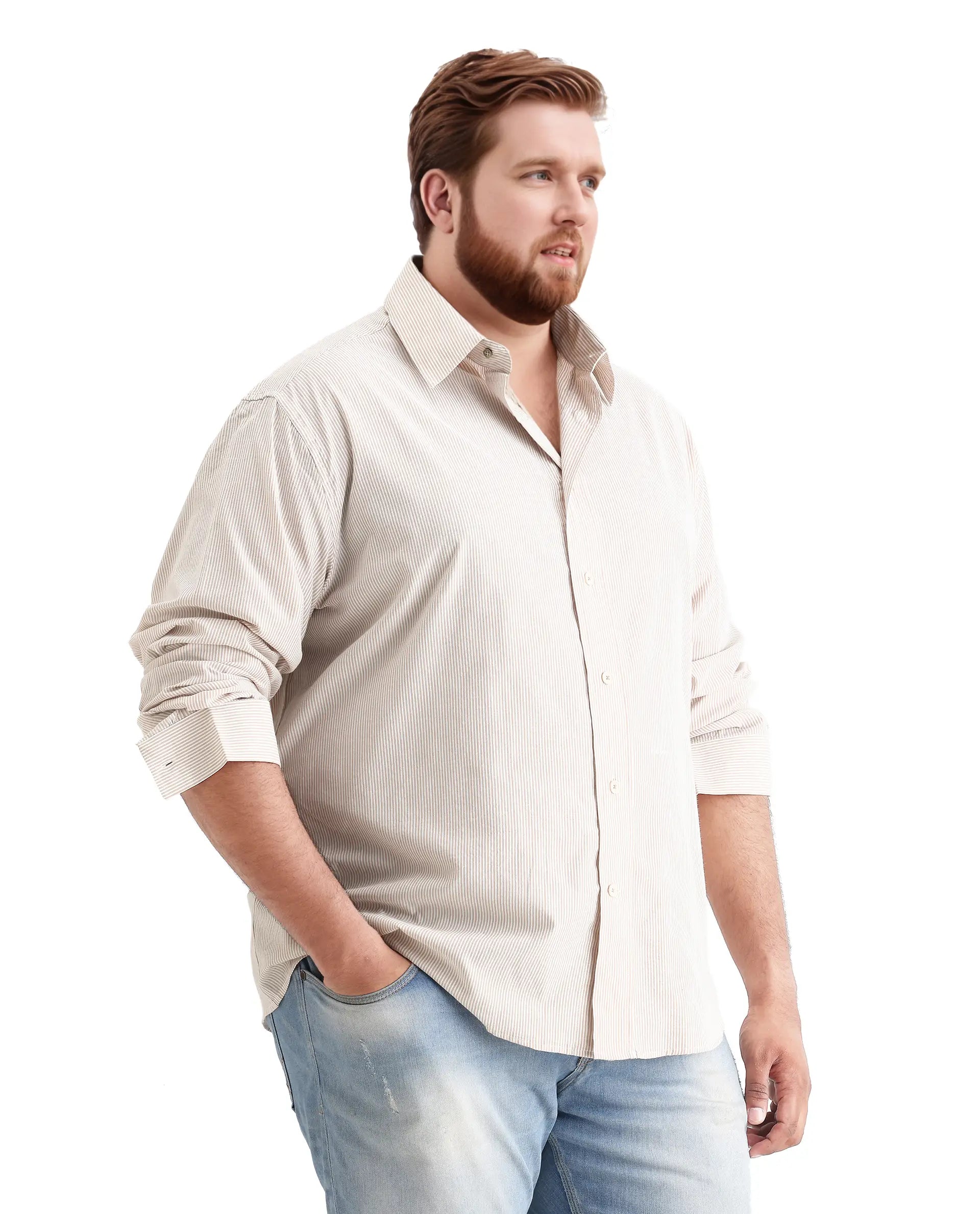 Rare Rabbit Men's Pluf Big Beige Cotton Blend Fabric Full Sleeve Spread Collar Button Closure Regular Fit Striped Shirt