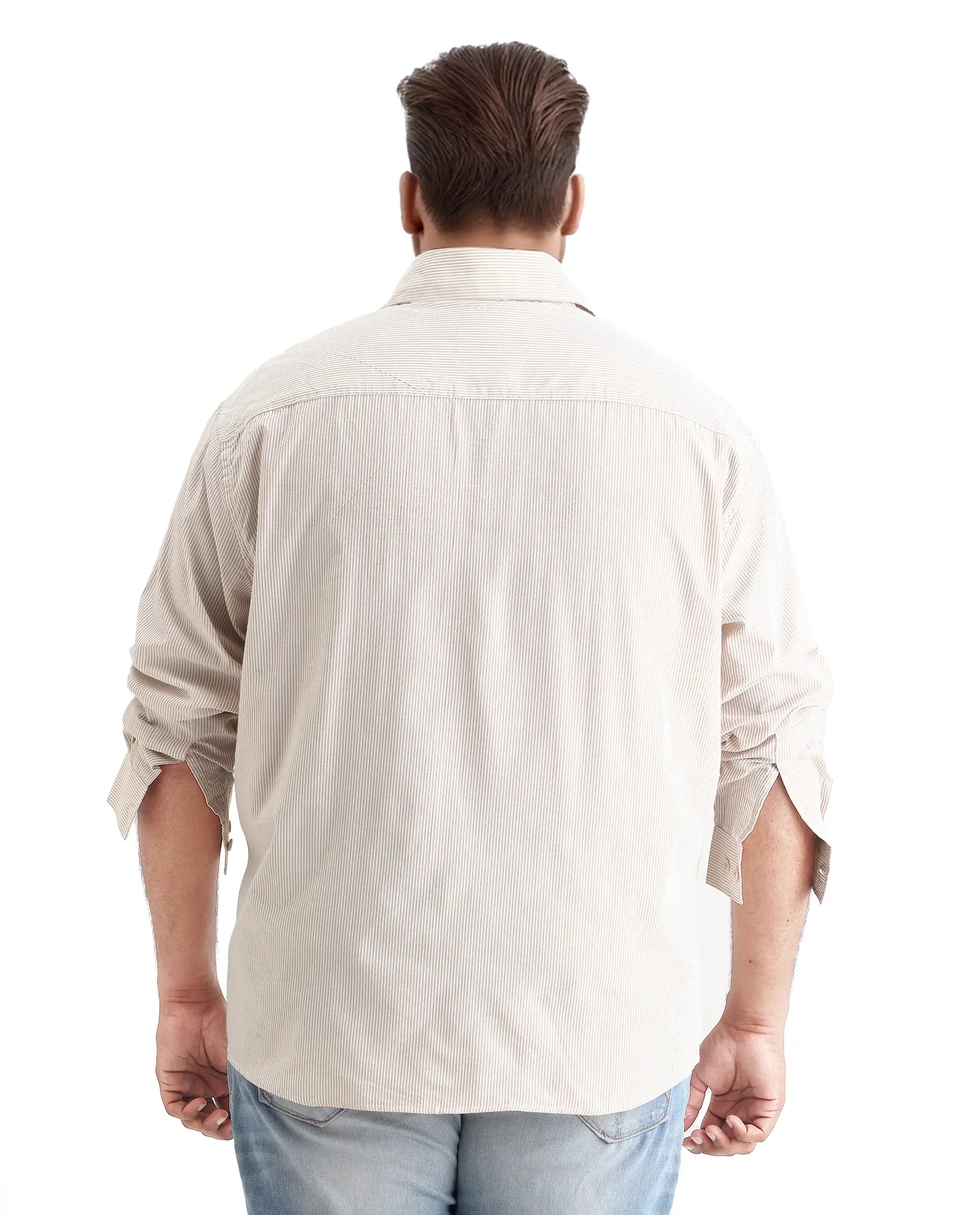 Rare Rabbit Men's Pluf Big Beige Cotton Blend Fabric Full Sleeve Spread Collar Button Closure Regular Fit Striped Shirt