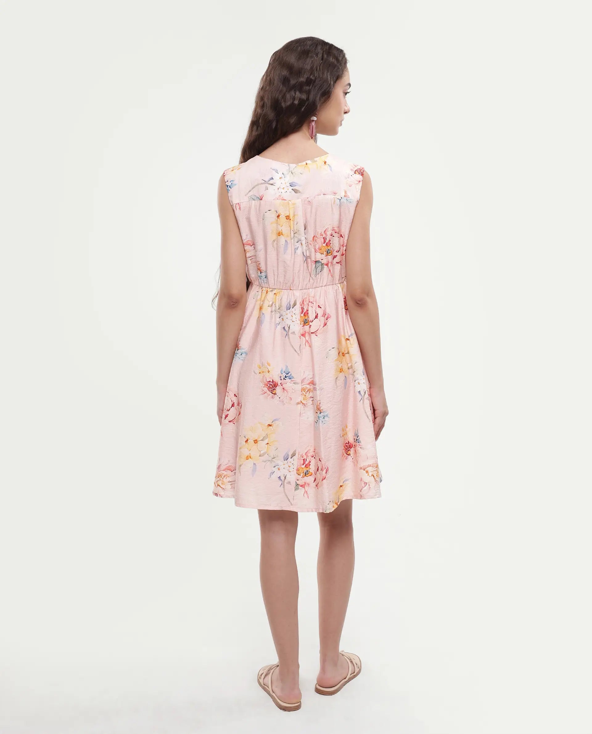 Rareism Women's Nupic Pink Viscose Blend Round Neck Floral Print Mini Flared Dress