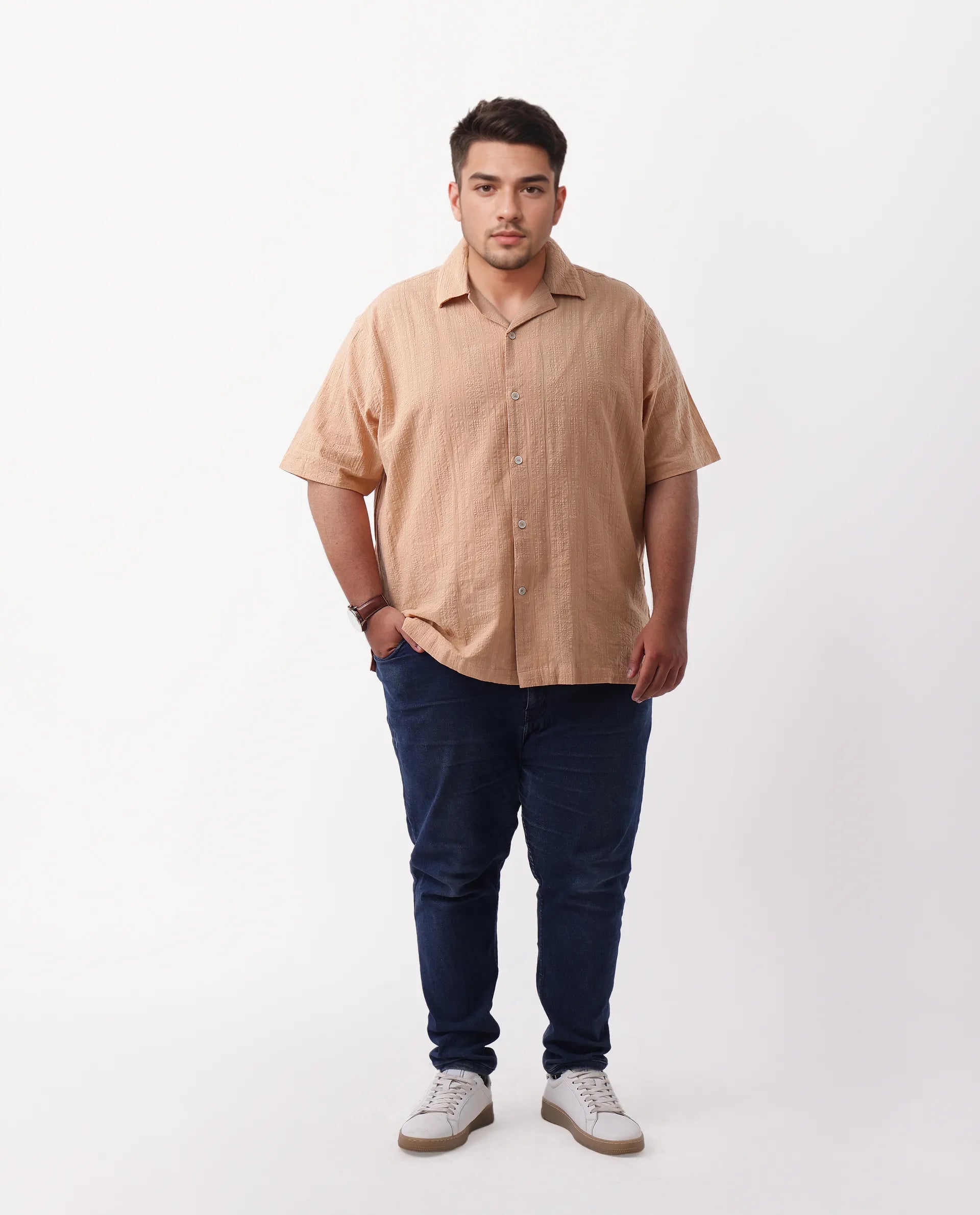 Rare Rabbit Men's Cotton Checked Print Boxy Fit Half Sleeve Cuban Collar Shirt