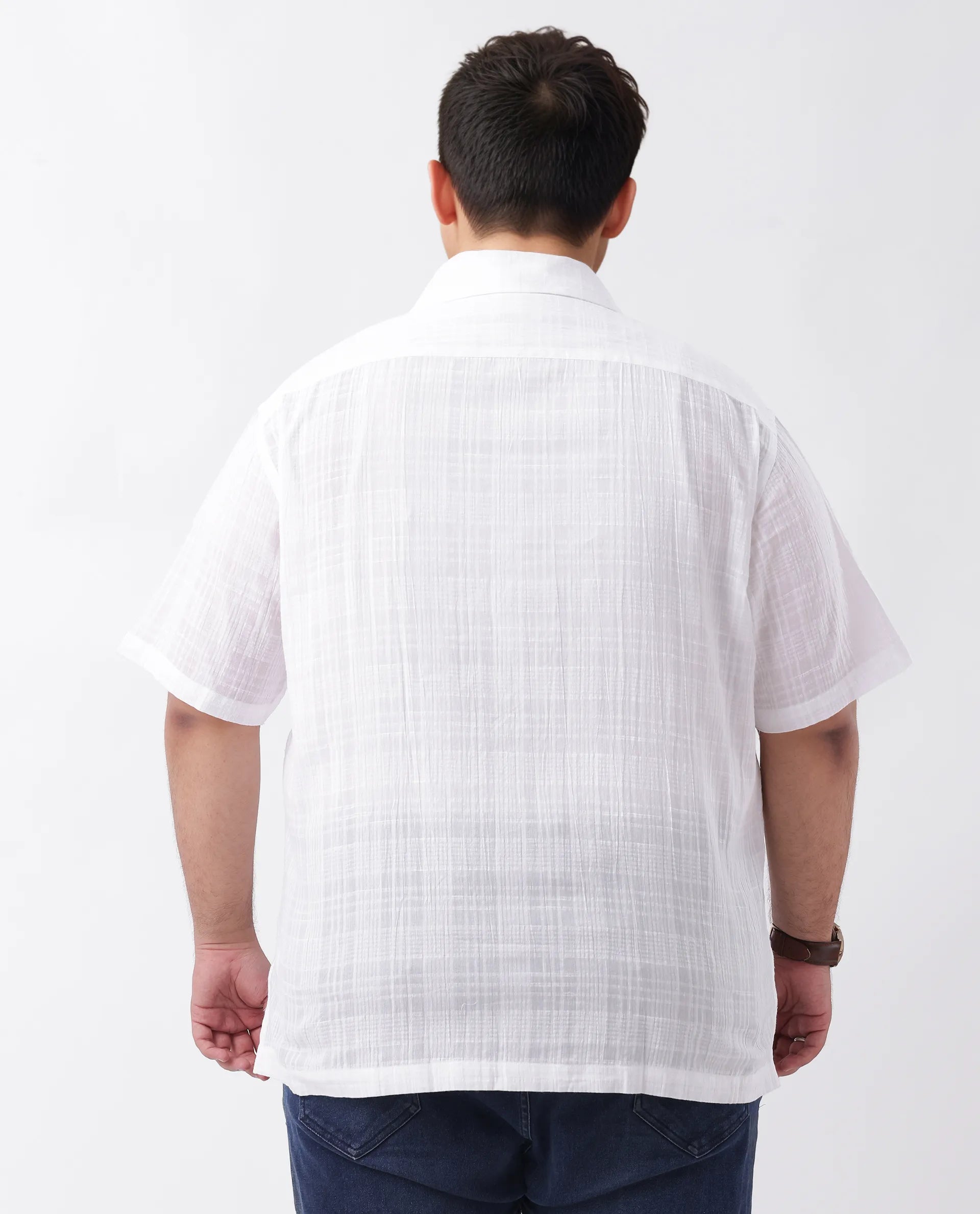 Rare Rabbit Men's Dara-L White Cotton Checked Print Plus Size Half Sleeve Cuban Collar Shirt