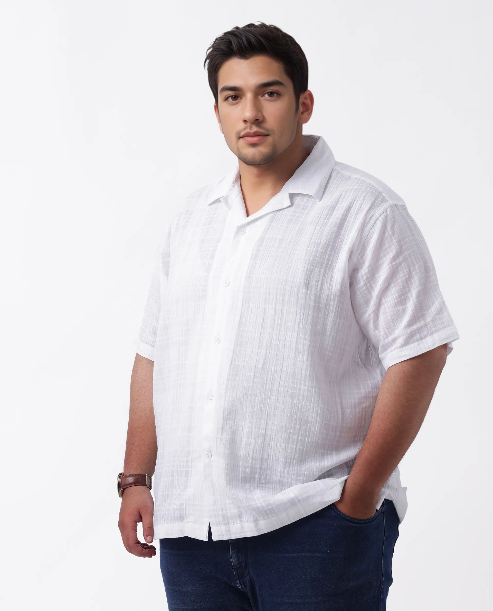 Rare Rabbit Men's Dara-L White Cotton Checked Print Plus Size Half Sleeve Cuban Collar Shirt