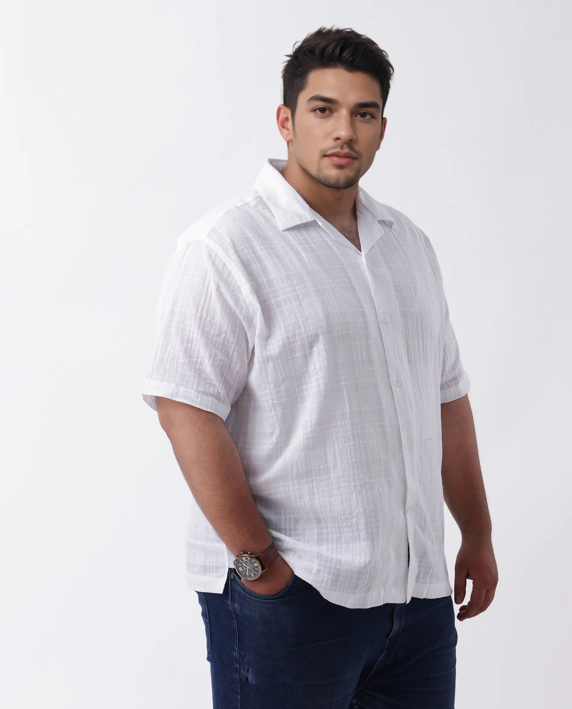Rare Rabbit Men's Dara-L White Cotton Checked Print Plus Size Half Sleeve Cuban Collar Shirt