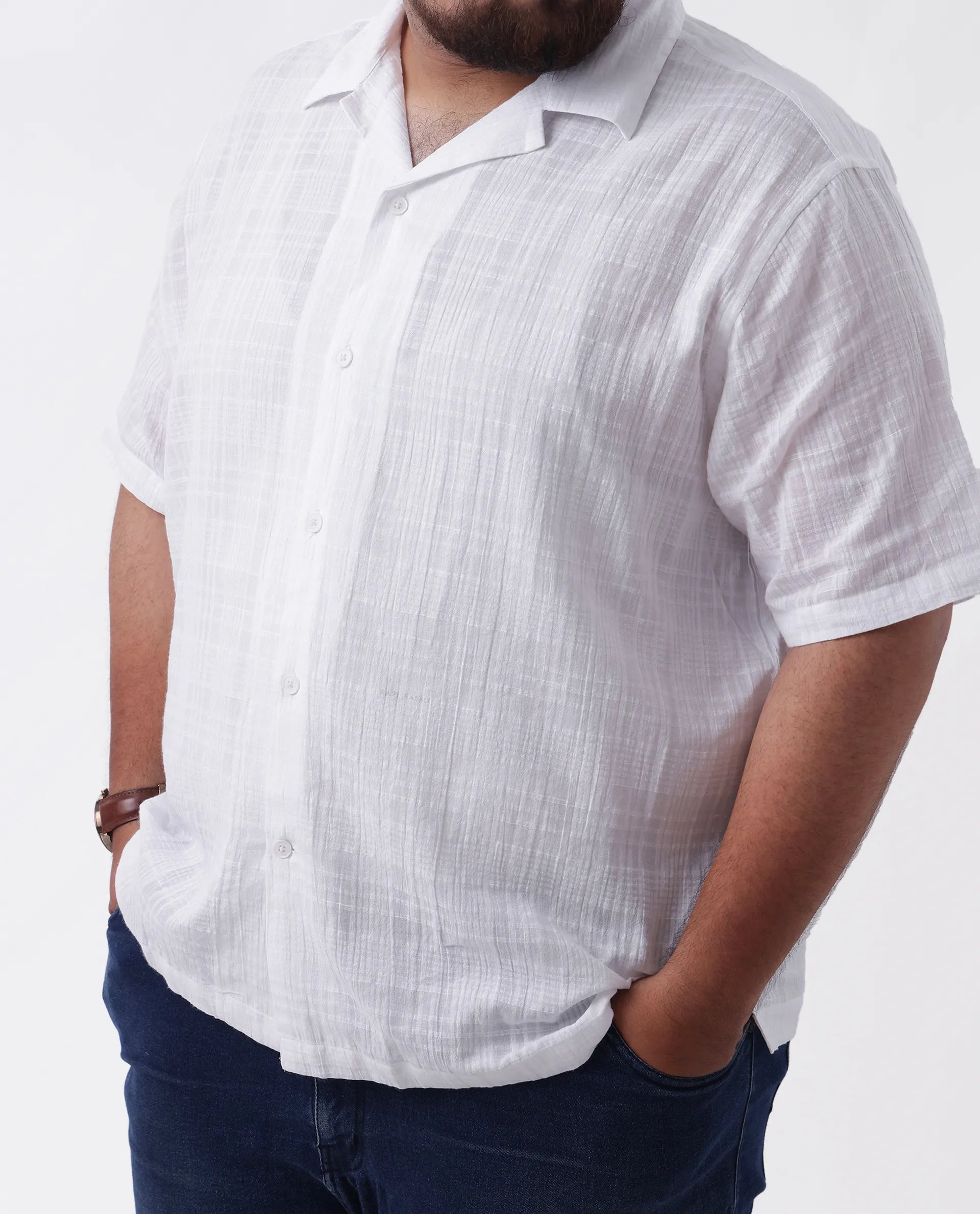 Rare Rabbit Men's Dara-L White Cotton Checked Print Plus Size Half Sleeve Cuban Collar Shirt