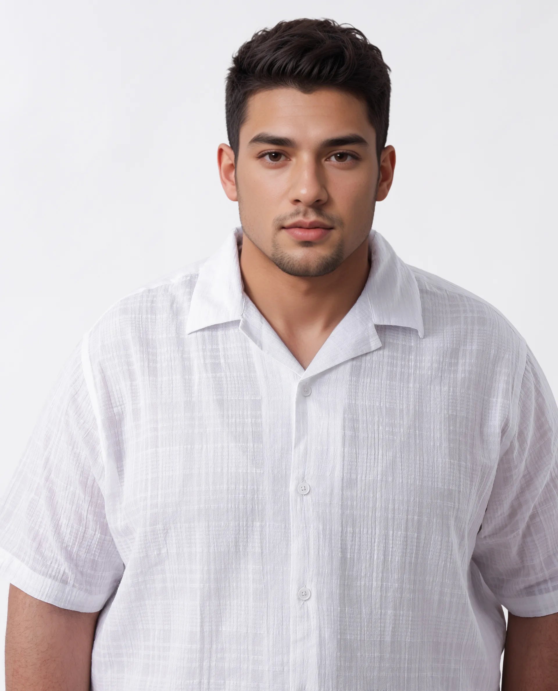 Rare Rabbit Men's Dara-L White Cotton Checked Print Plus Size Half Sleeve Cuban Collar Shirt