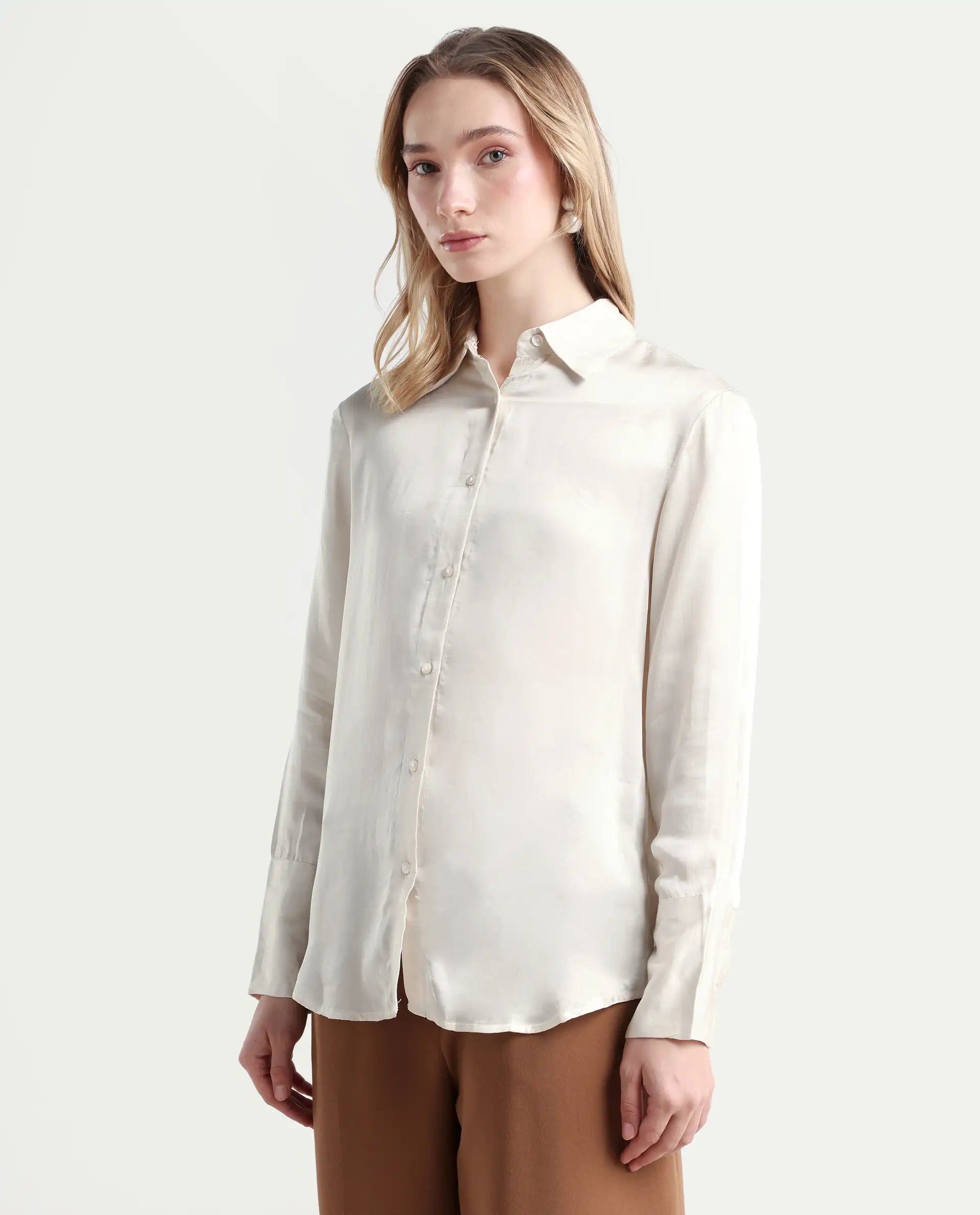 Rareism Women's Jaux Beige Satin Collared Plain Cuffed Sleeve Regular Fit Shirt