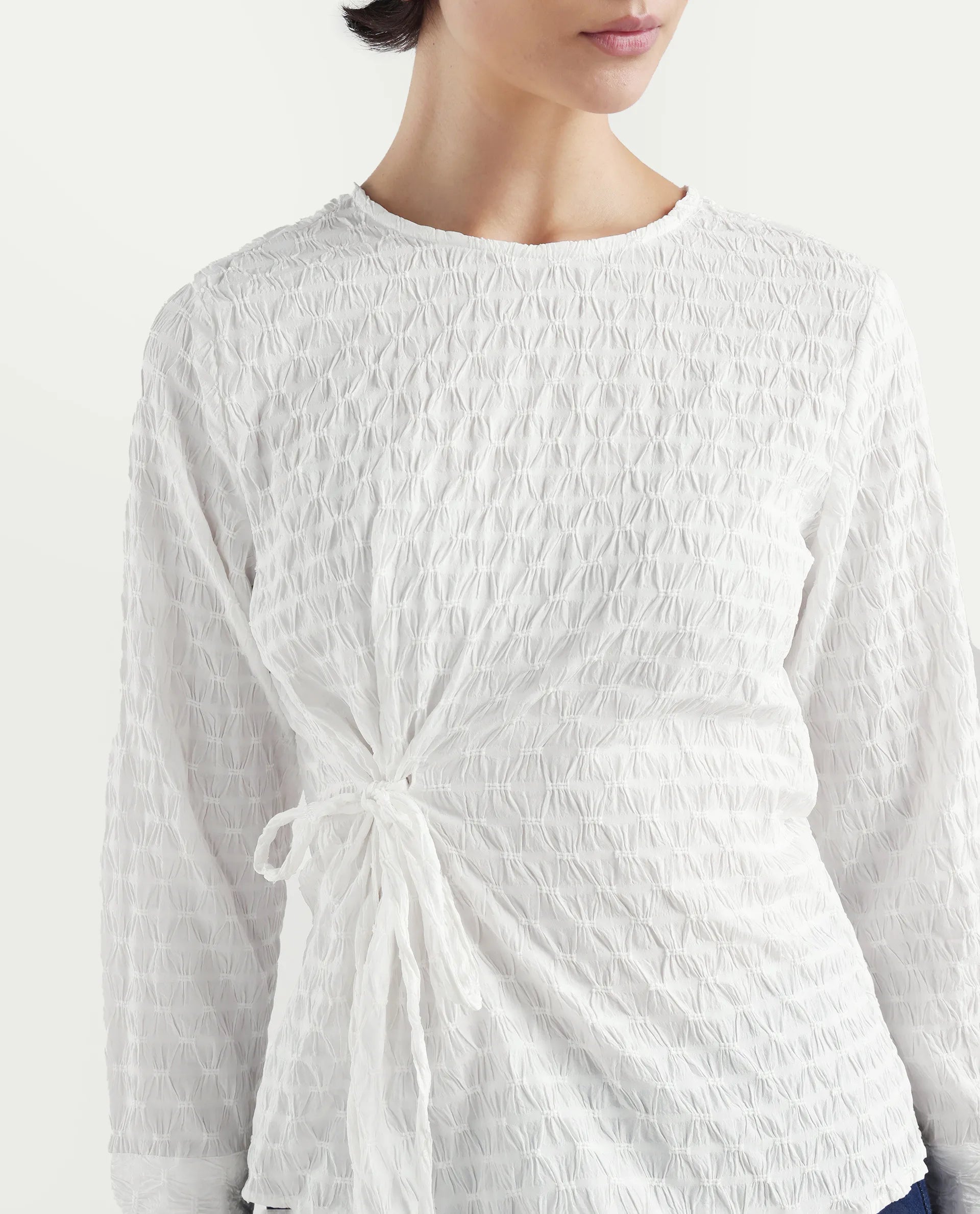 Rareism Women's Kiop White Polyester Crew Neck Plain Cuffed Sleeve Regular Fit Top