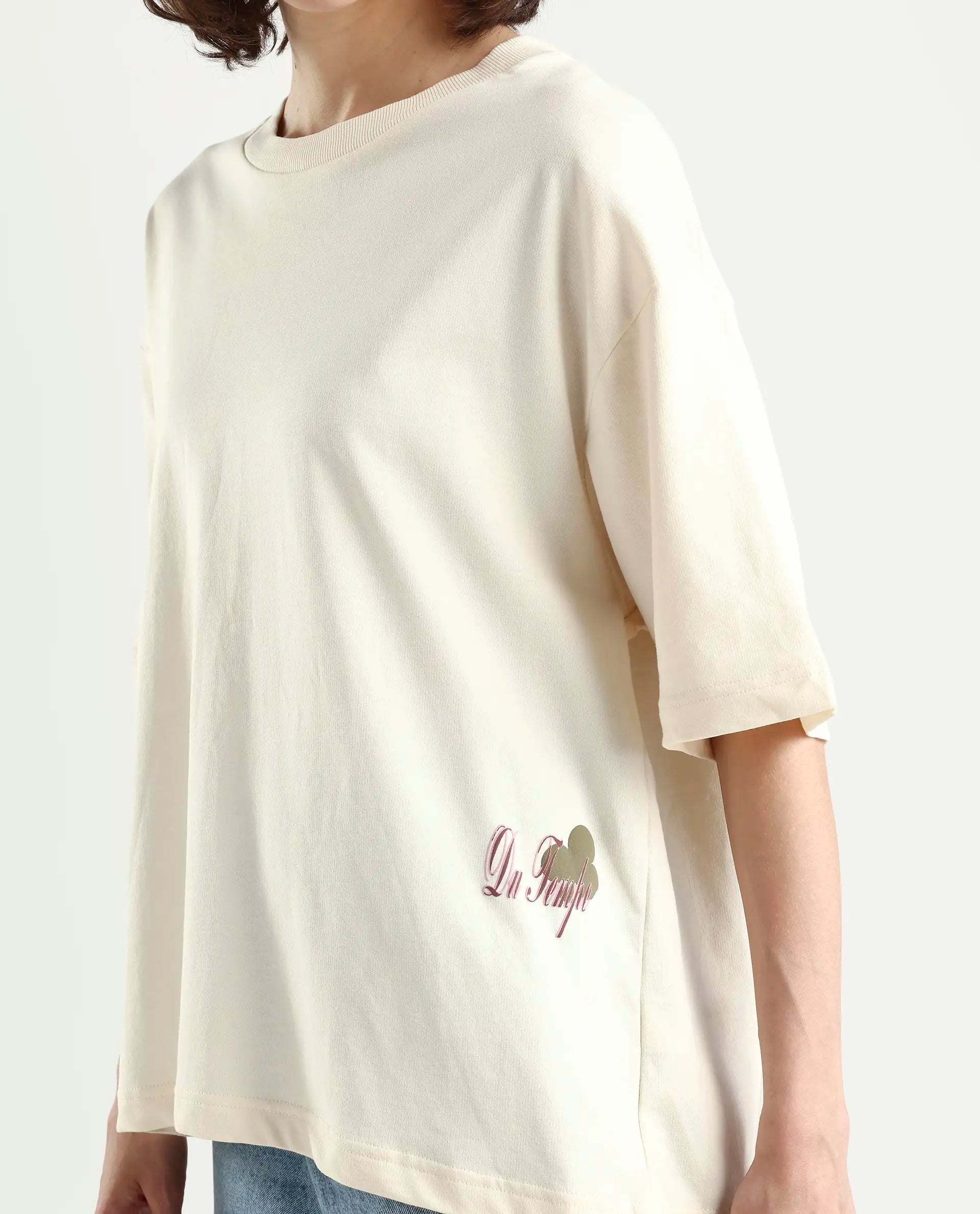 Rareism Women's Fluers Beige Viscose Blend Crew Neck Graphic Print Oversized T-Shirt Oversize