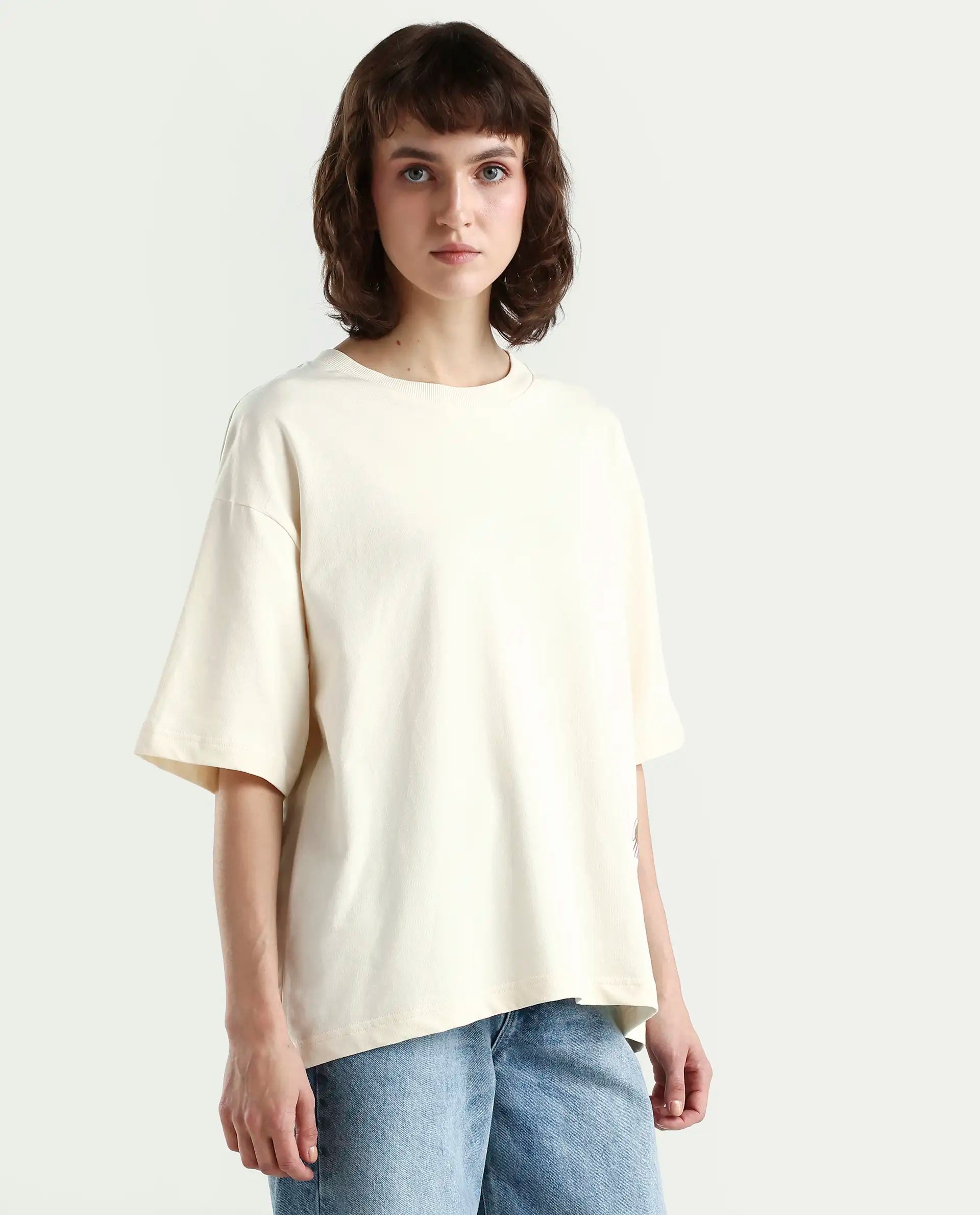 Rareism Women's Fluers Beige Viscose Blend Crew Neck Graphic Print Oversized T-Shirt Oversize