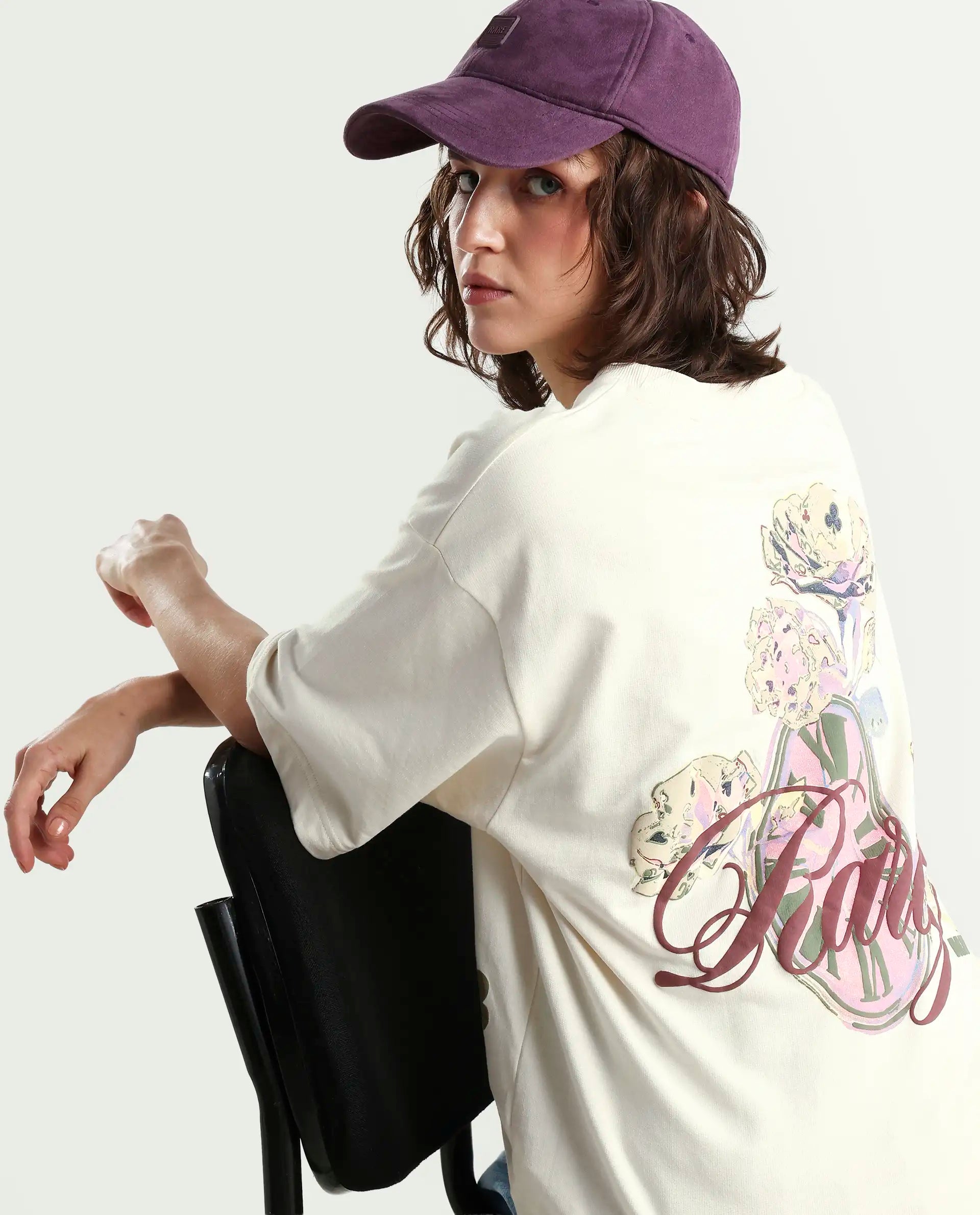Rareism Women's Fluers Beige Viscose Blend Crew Neck Graphic Print Oversized T-Shirt Oversize