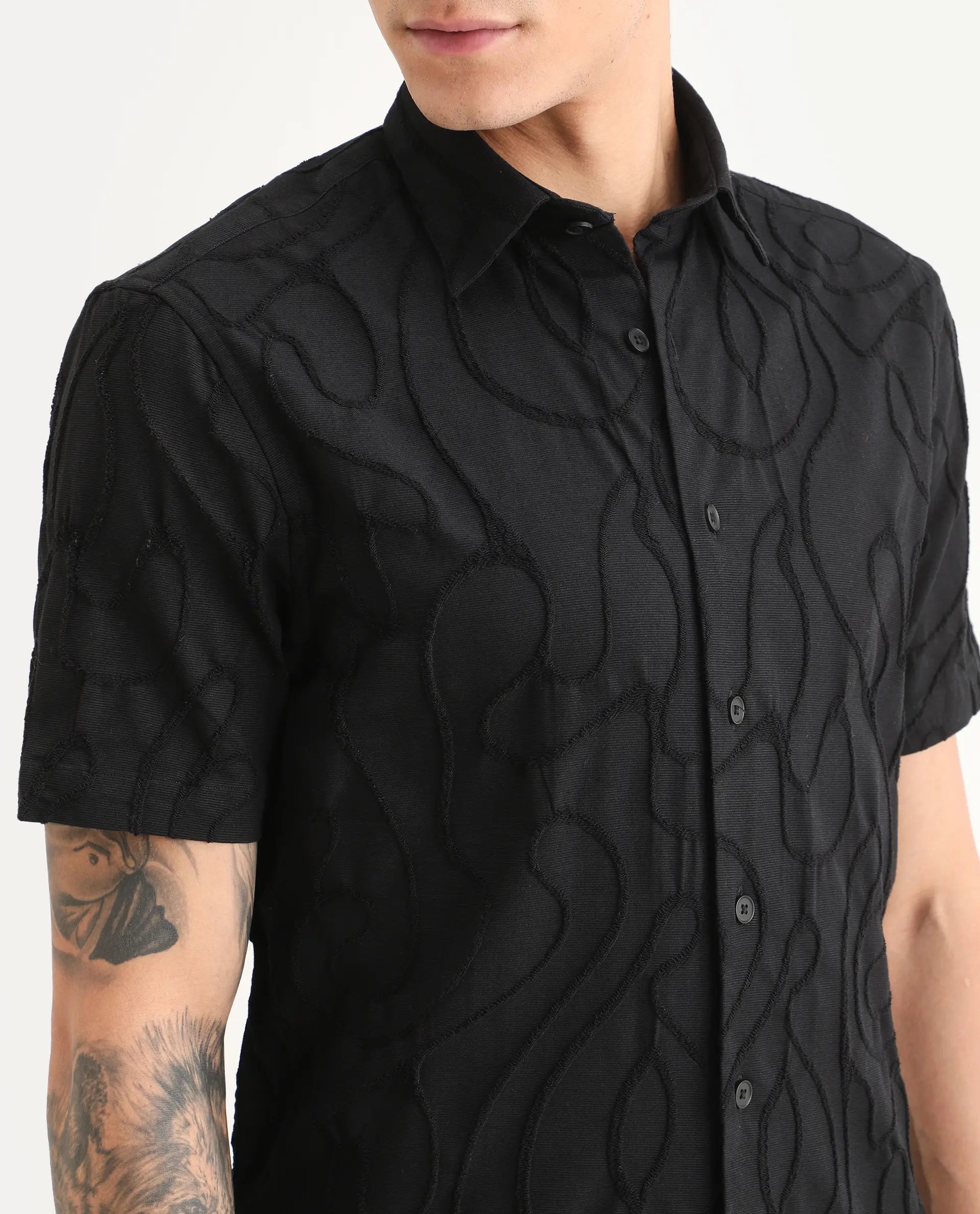 Rare Rabbit Men's Filsa Black Cotton Blend Fabric Half Sleeve Spread Collar Regular Fit Embroidered Shirt