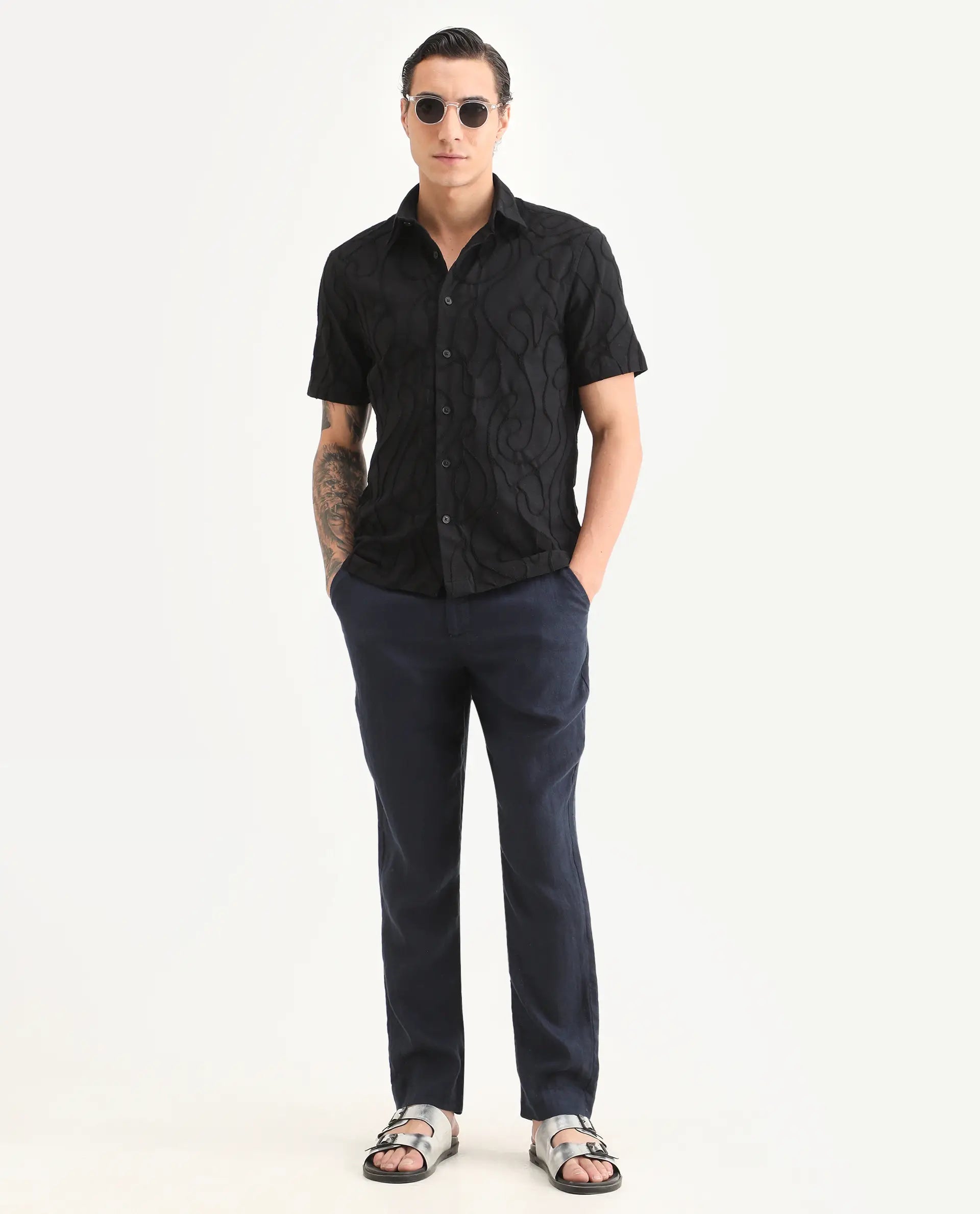 Rare Rabbit Men's Filsa Black Cotton Blend Fabric Half Sleeve Spread Collar Regular Fit Embroidered Shirt