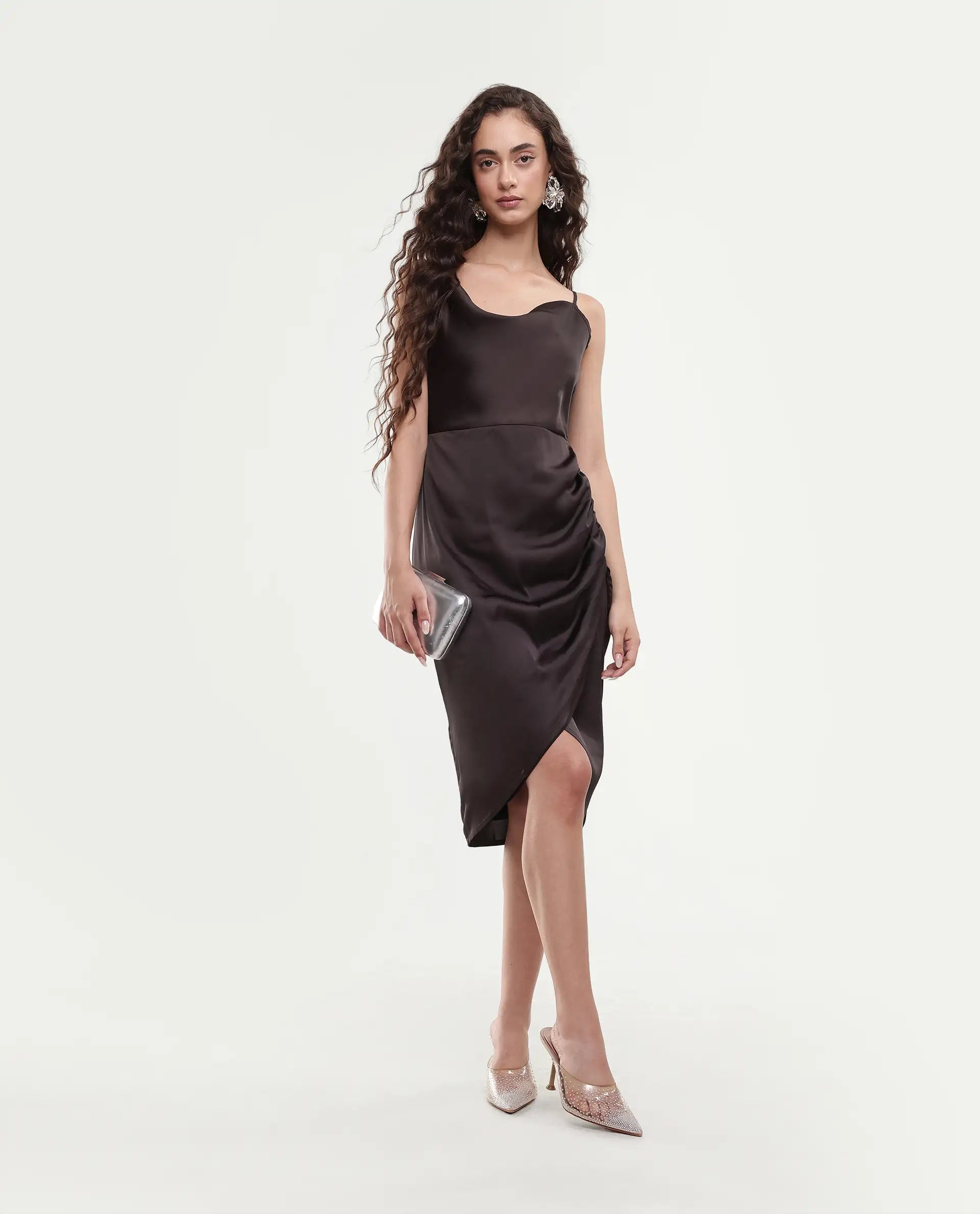 Rareism Women's Avilim Brown Polyester Fitted Mini Dress