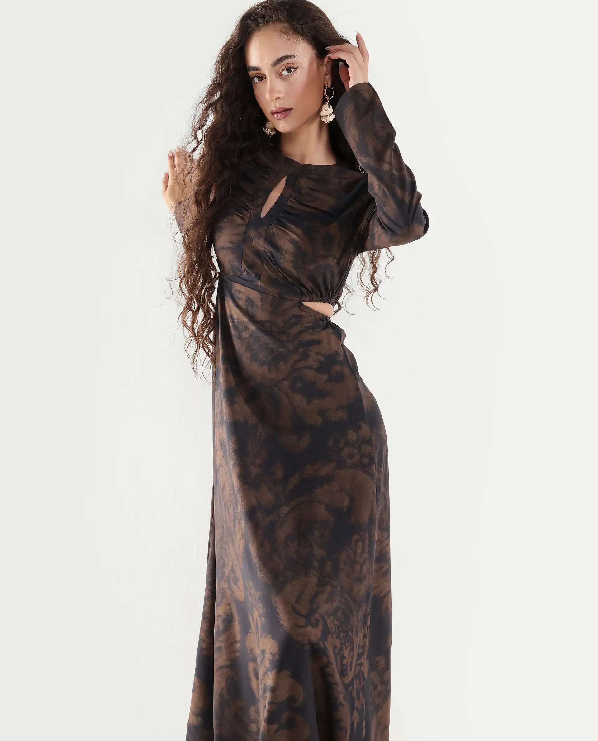 Rareism Women's Azor Dark Brown Viscose Fit & Flare Maxi Dress