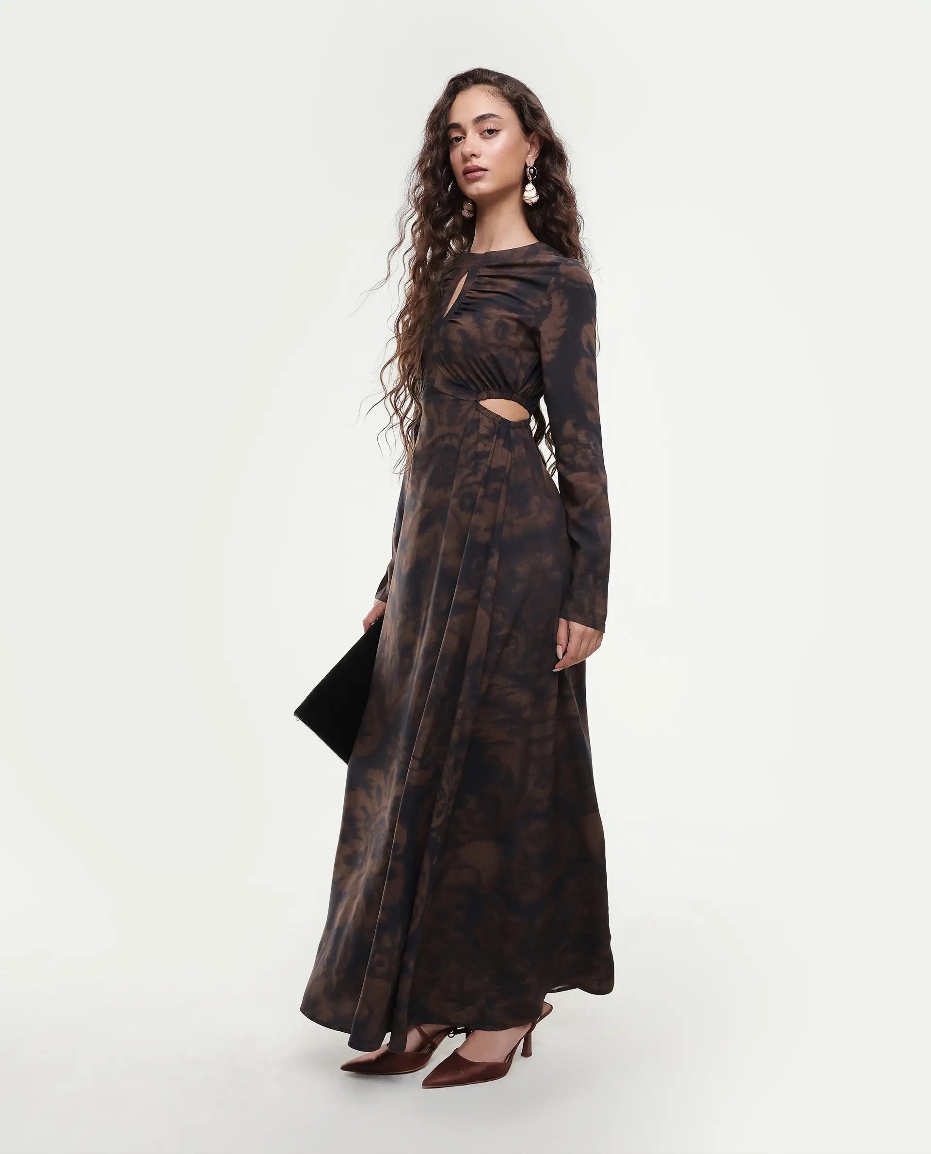 Rareism Women's Azor Dark Brown Viscose Fit & Flare Maxi Dress