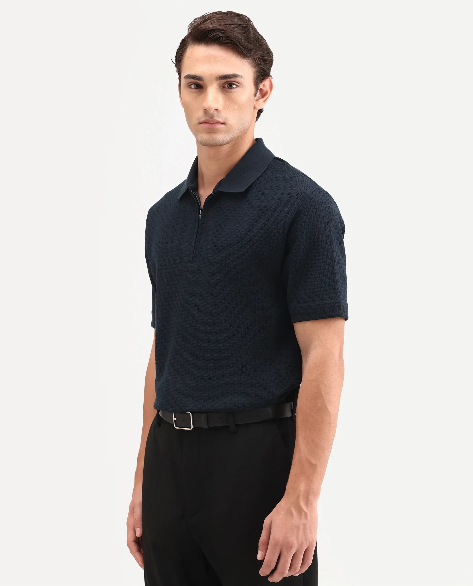 Rare Rabbit Men's Envo Dark Navy Cotton Fabric Half Sleeve Spread Collar Regular Fit Textured Polo
