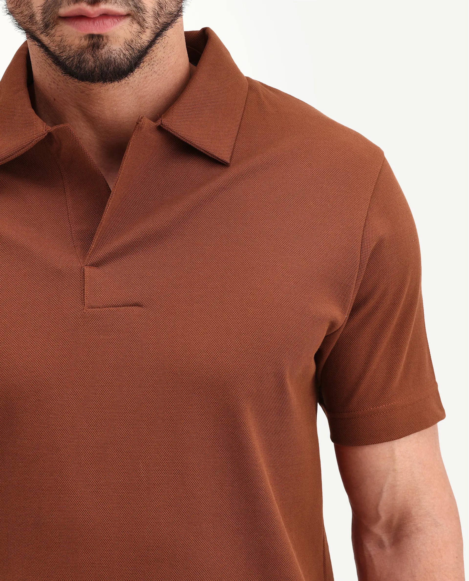 Rare Rabbit Men's Mers Rust Cotton Fabric Half Sleeve Spread Collar Regular Fit Plain Polo