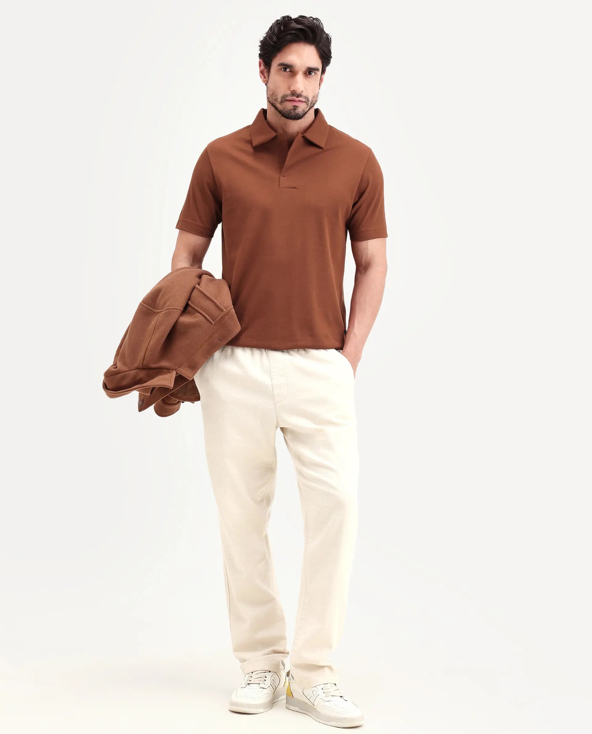 Rare Rabbit Men's Mers Rust Cotton Fabric Half Sleeve Spread Collar Regular Fit Plain Polo