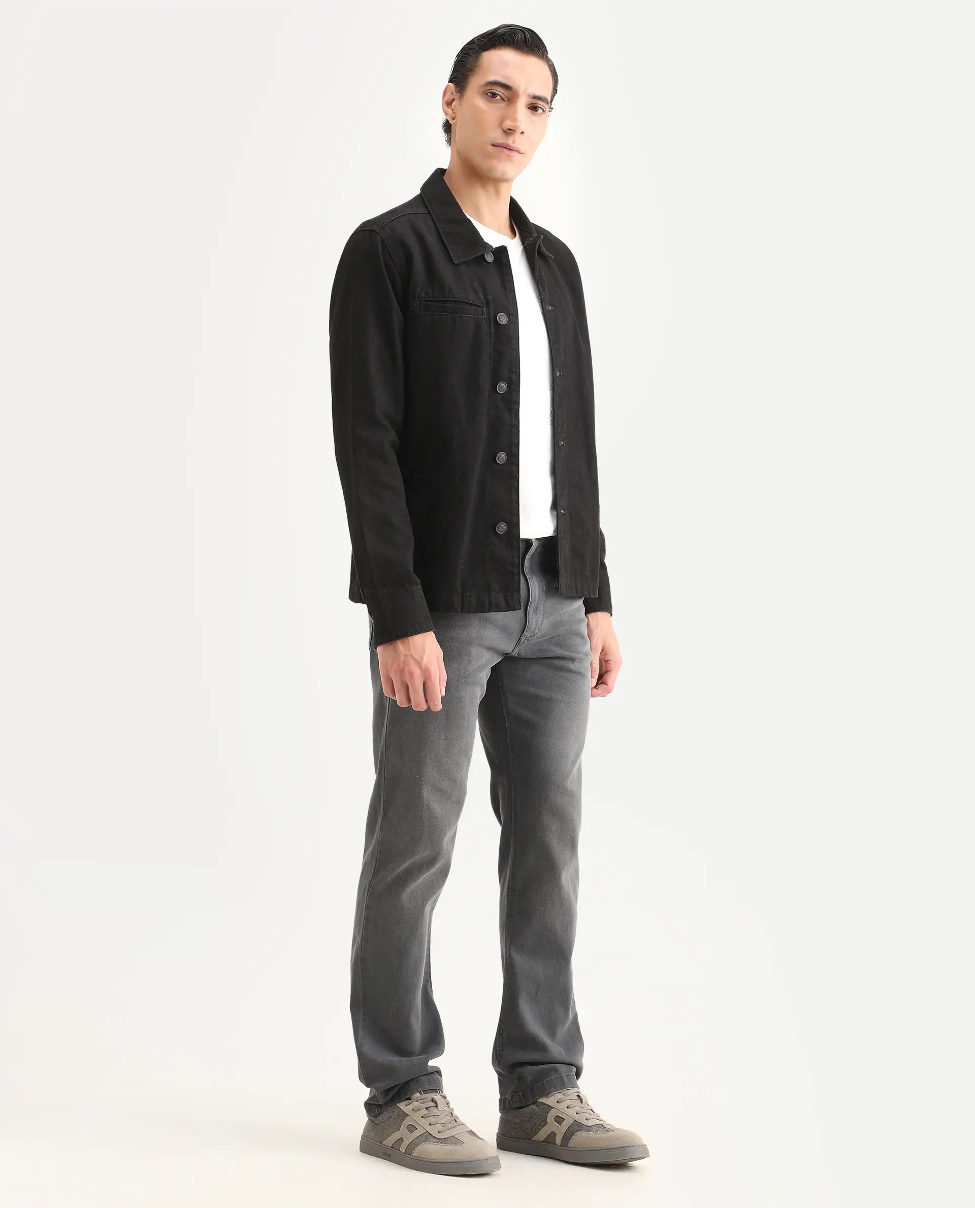 Rare Rabbit Men's Fyod 26 Dark Grey Cotton Blend Fabric Morris Regular Fit Plain Jeans