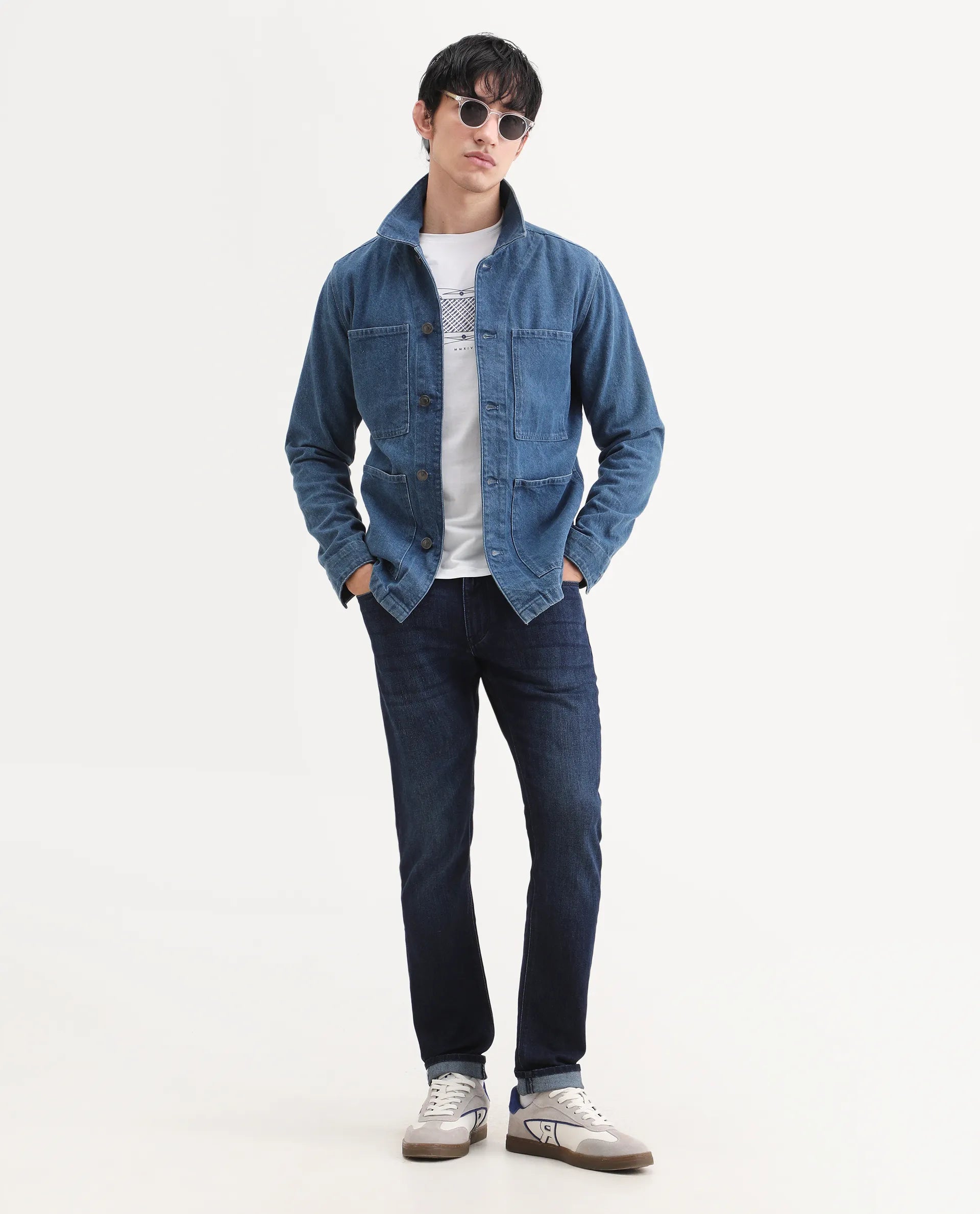 Rare Rabbit Men's Samm Dark Blue Cotton Blend Fabric Hawk Slim Fit Jeans
