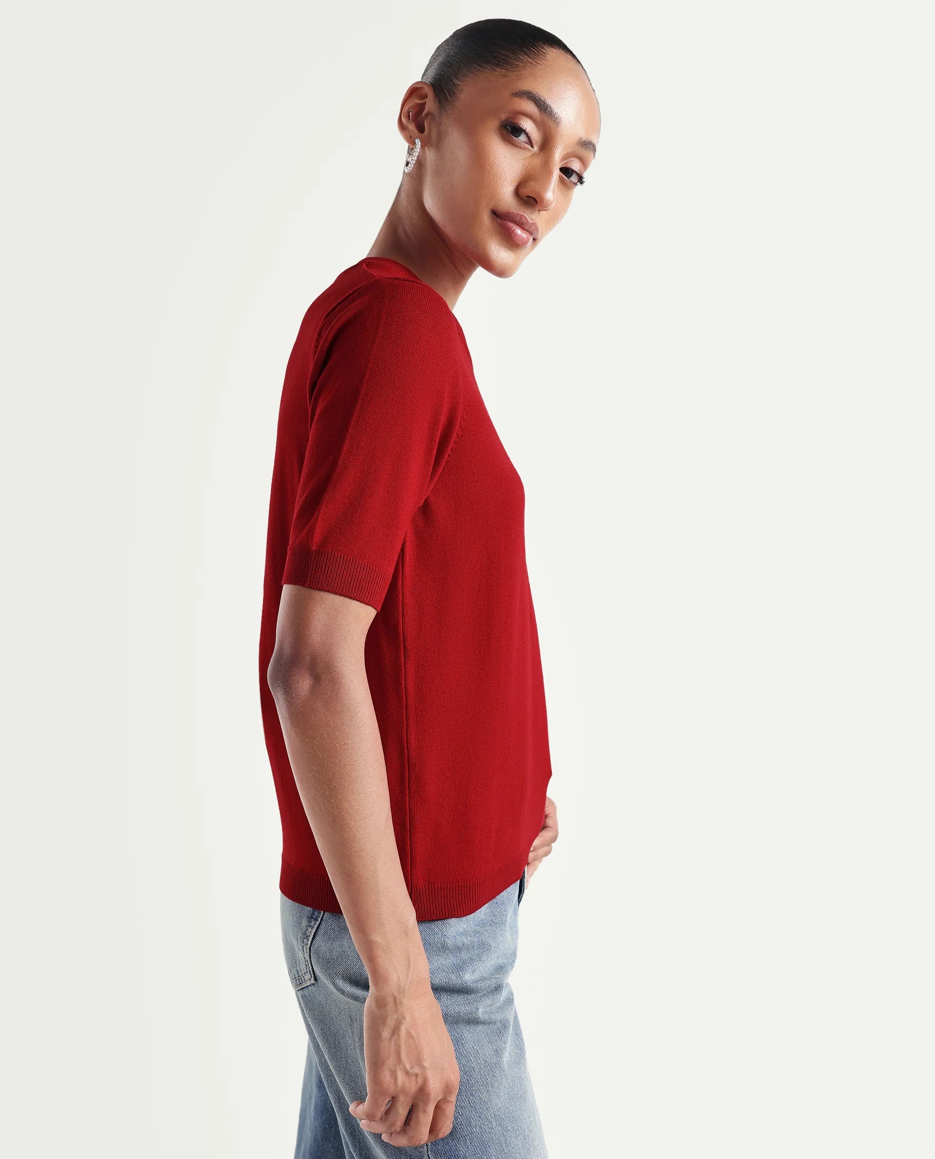 Rareism Women's Sohrdo Red Nylon Blend Half Sleeve Crew Neck Regular Fit Plain Top