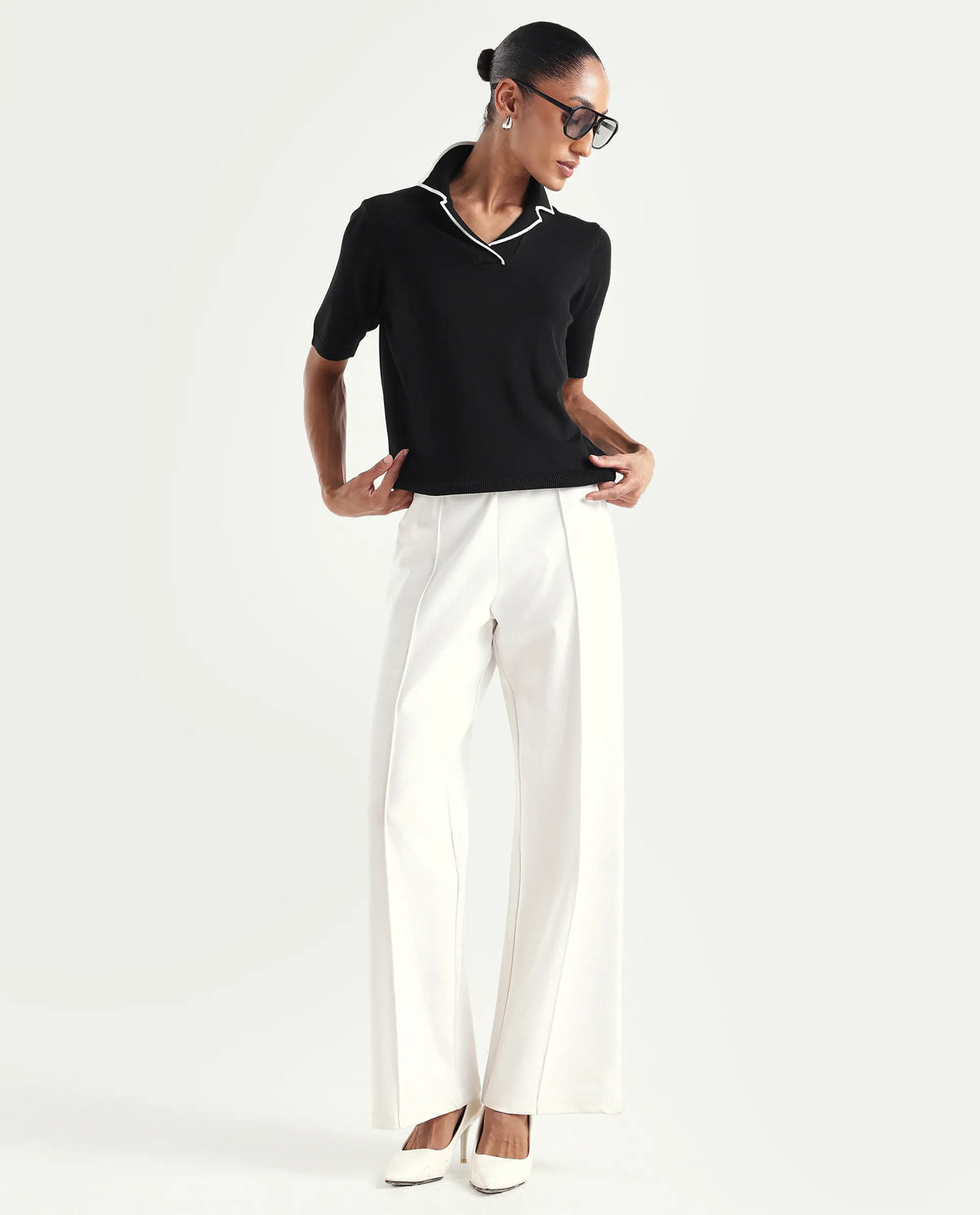 Rareism Women's Syrus Black Nylon Blend Half Sleeve Jonny Collar Relaxed Fit Plain Polo
