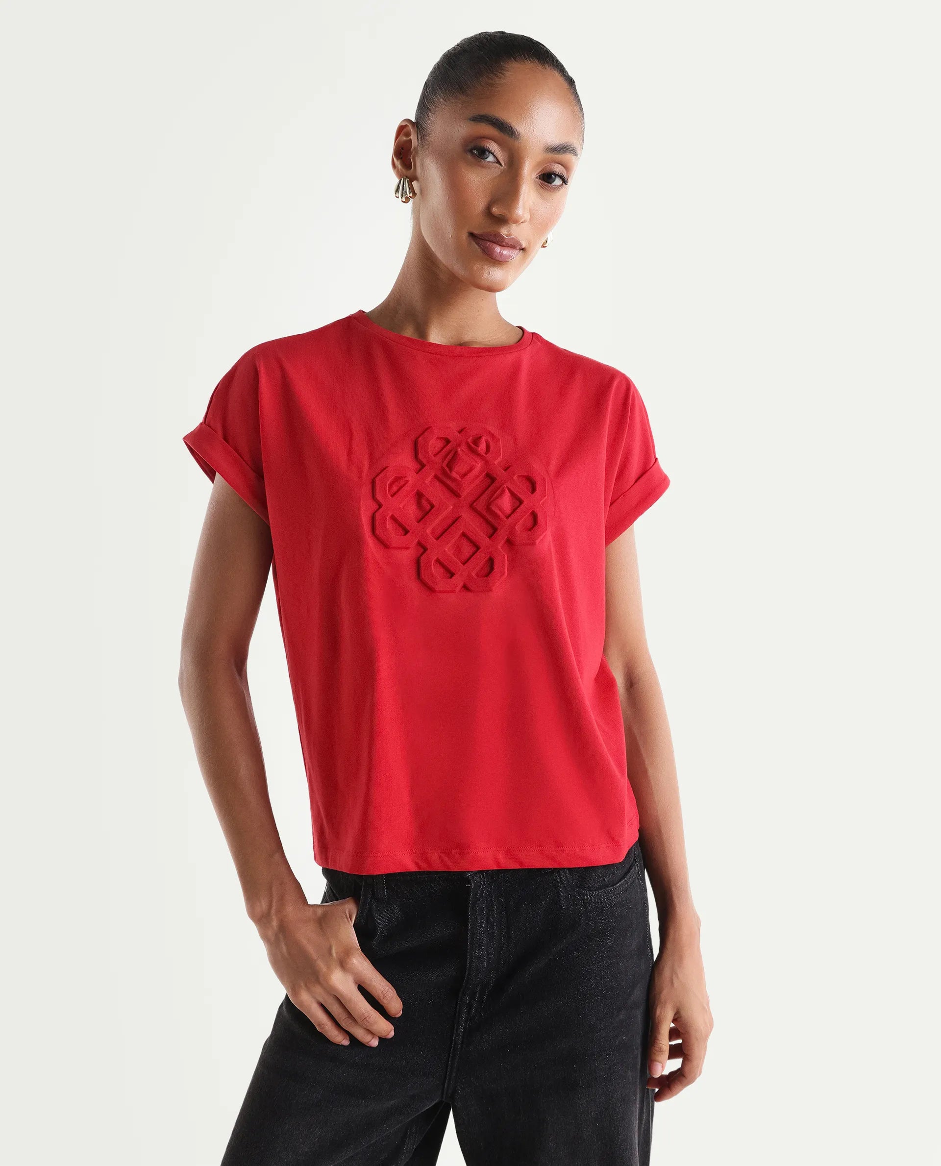 Rareism Women's Zurf Red Cotton Blend Half Sleeve Relaxed Fit Plain T-Shirt