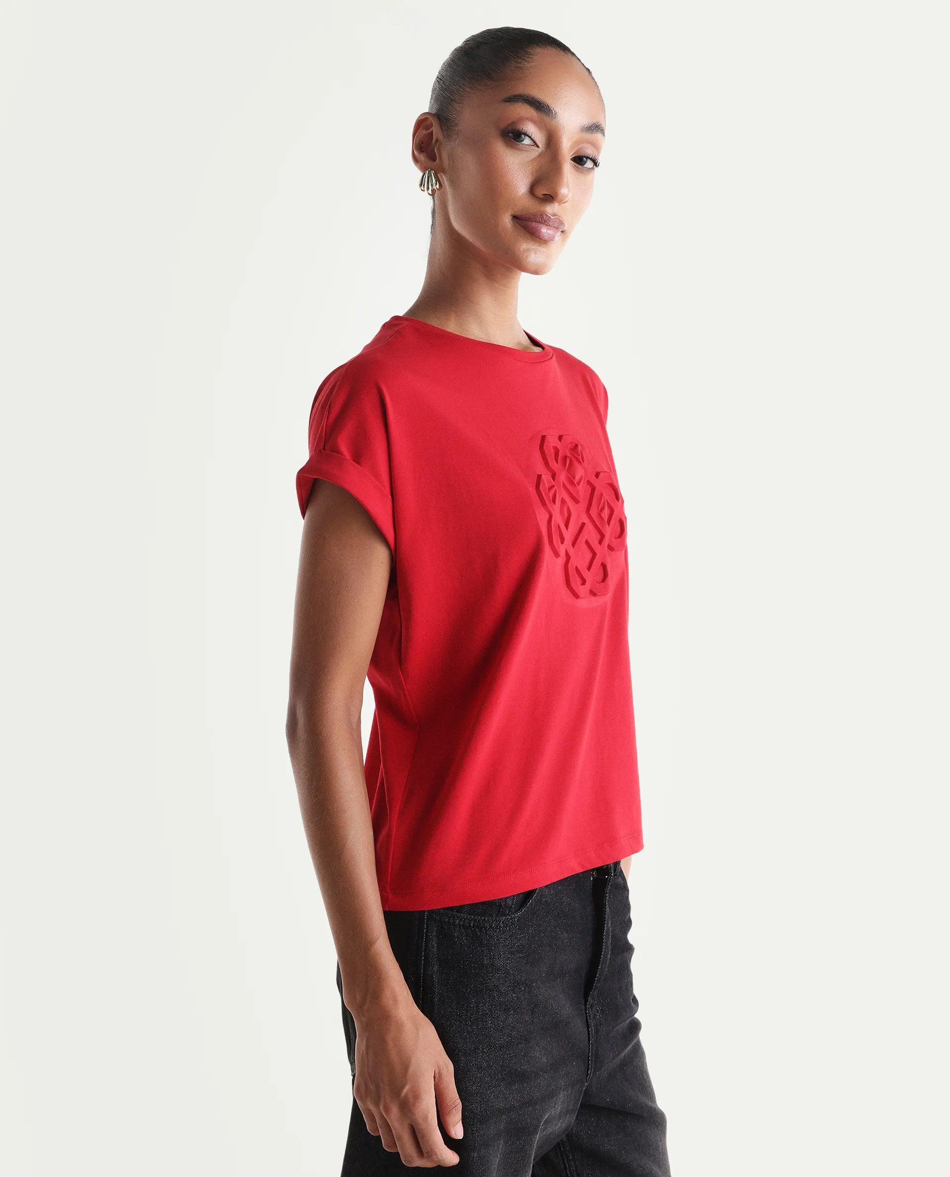 Rareism Women's Zurf Red Cotton Blend Half Sleeve Relaxed Fit Plain T-Shirt