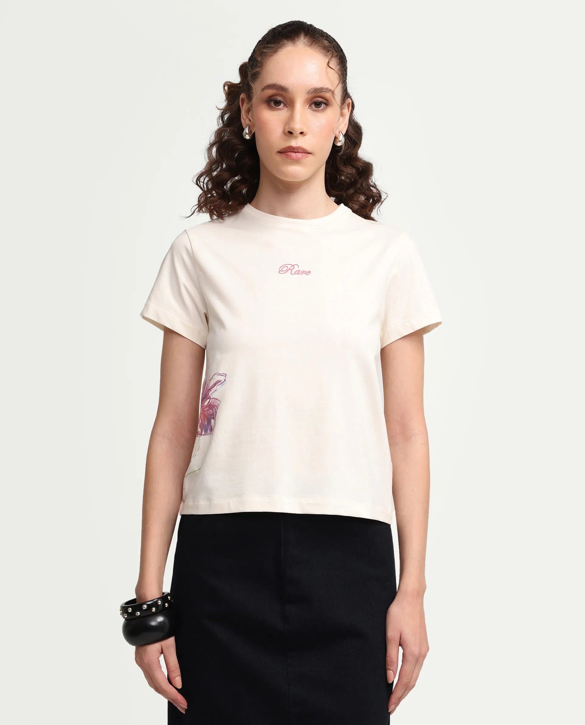 Rareism Women's Zikks Off White Cotton Blend Half Sleeve Regular Fit Floral Print T-Shirt