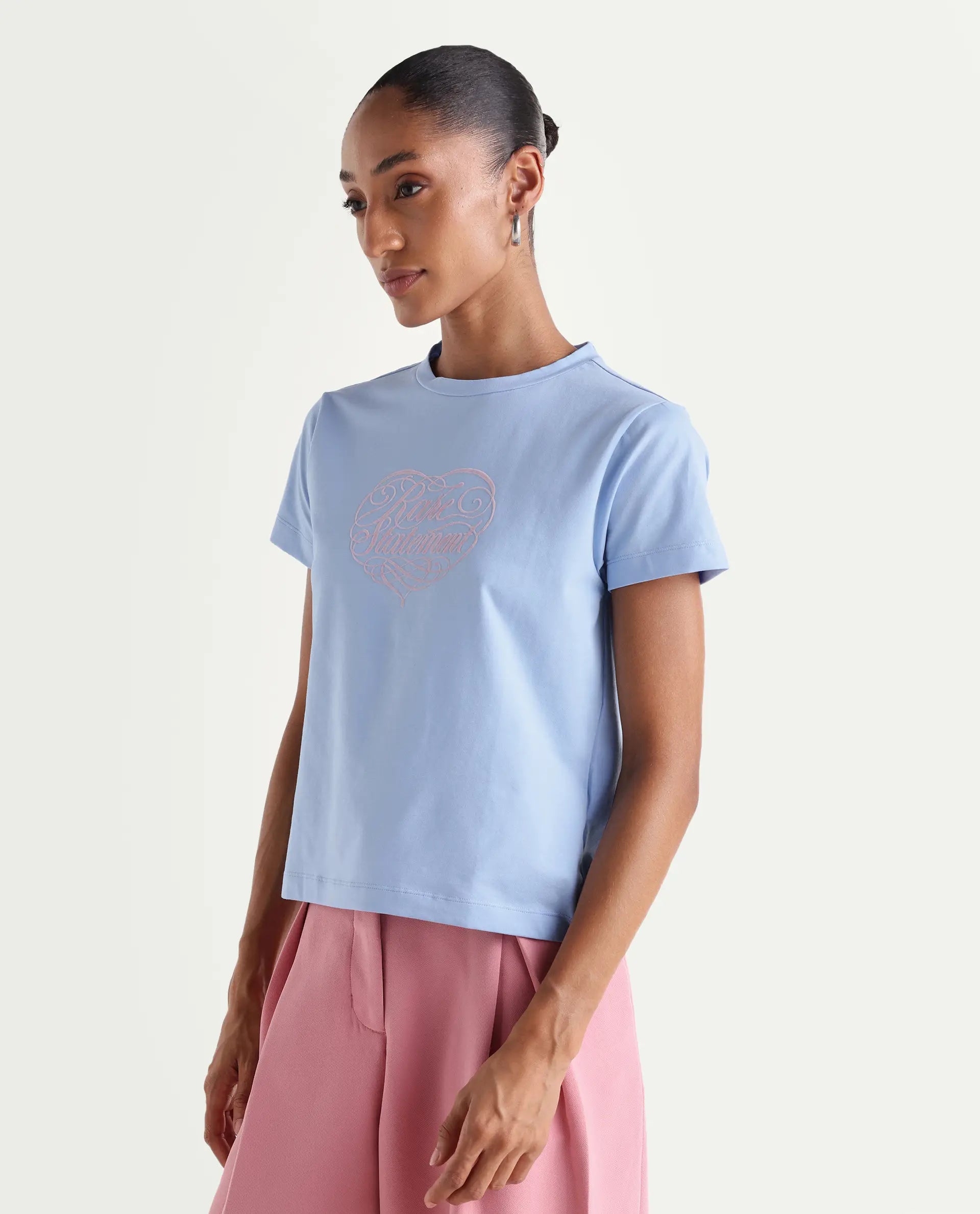 Rareism Women's Zeven Light Blue Cotton Blend Half Sleeve Regular Fit Flock Print T-Shirt
