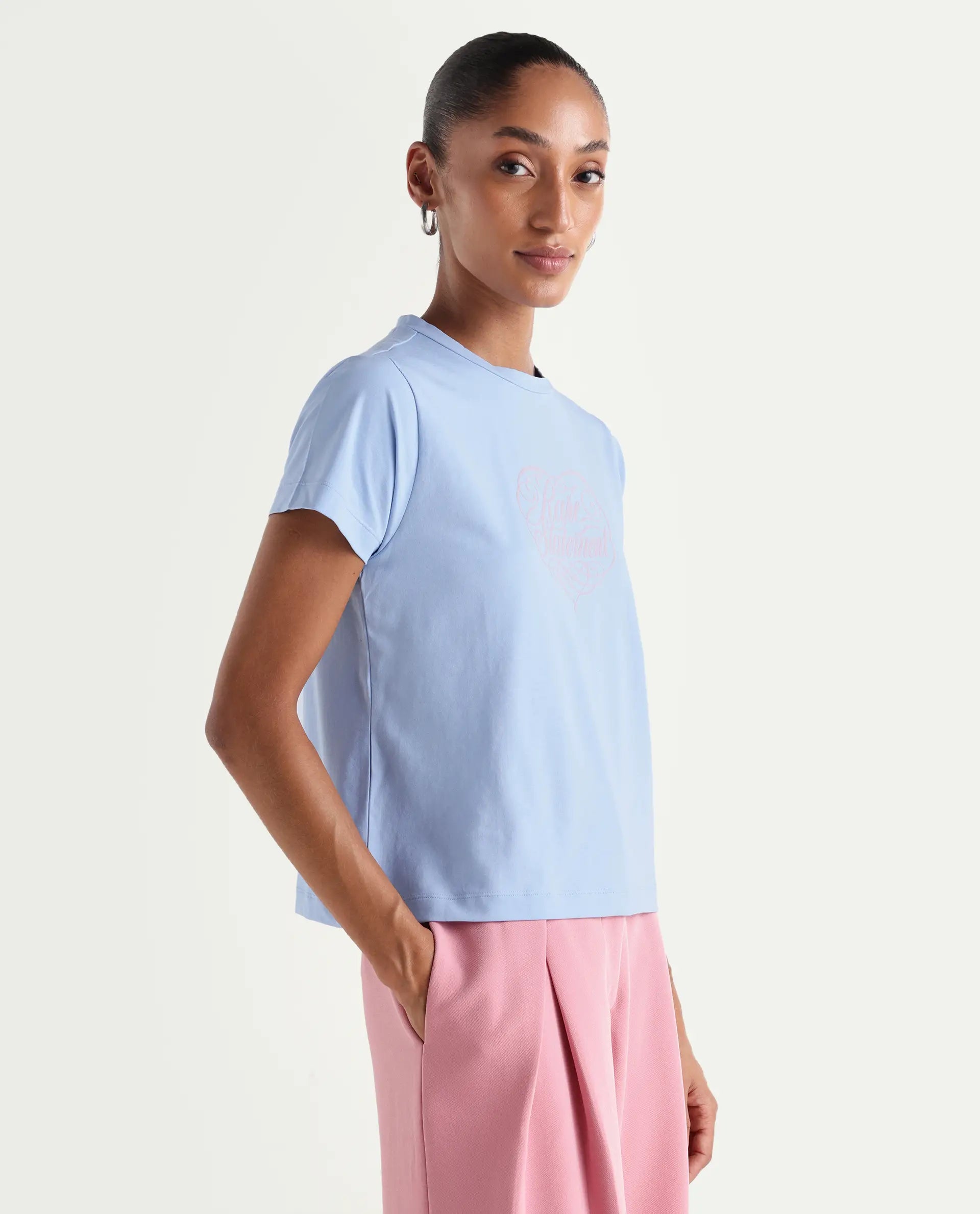 Rareism Women's Zeven Light Blue Cotton Blend Half Sleeve Regular Fit Flock Print T-Shirt