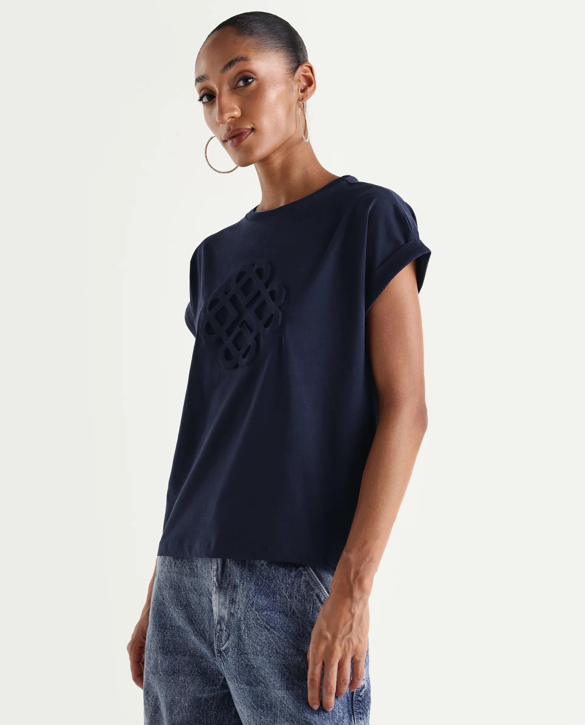 Rareism Women's Zurf Navy Cotton Blend Half Sleeve Relaxed Fit Plain T-Shirt