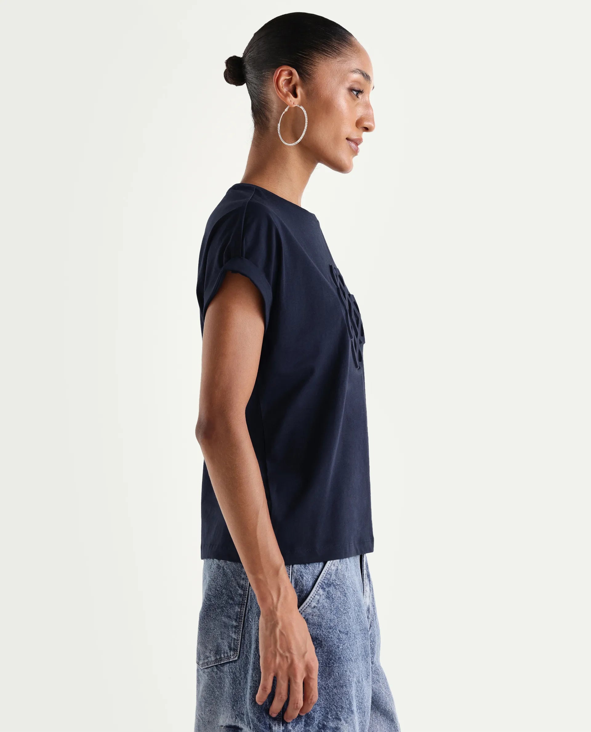 Rareism Women's Zurf Navy Cotton Blend Half Sleeve Relaxed Fit Plain T-Shirt